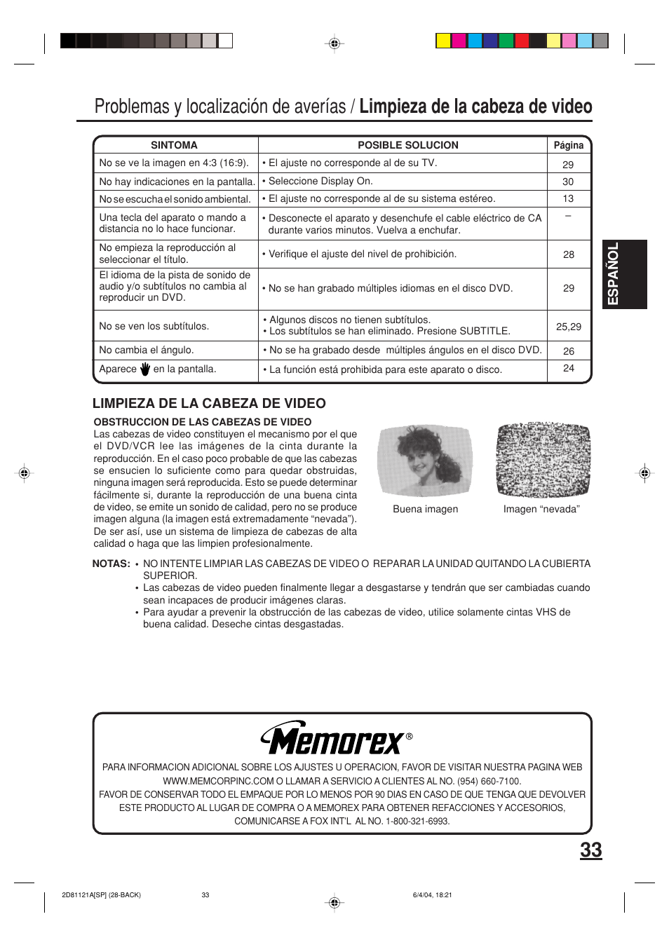 Esp a ñ ol, Limpieza de la cabeza de video | Memorex MVD4540C User Manual | Page 67 / 68