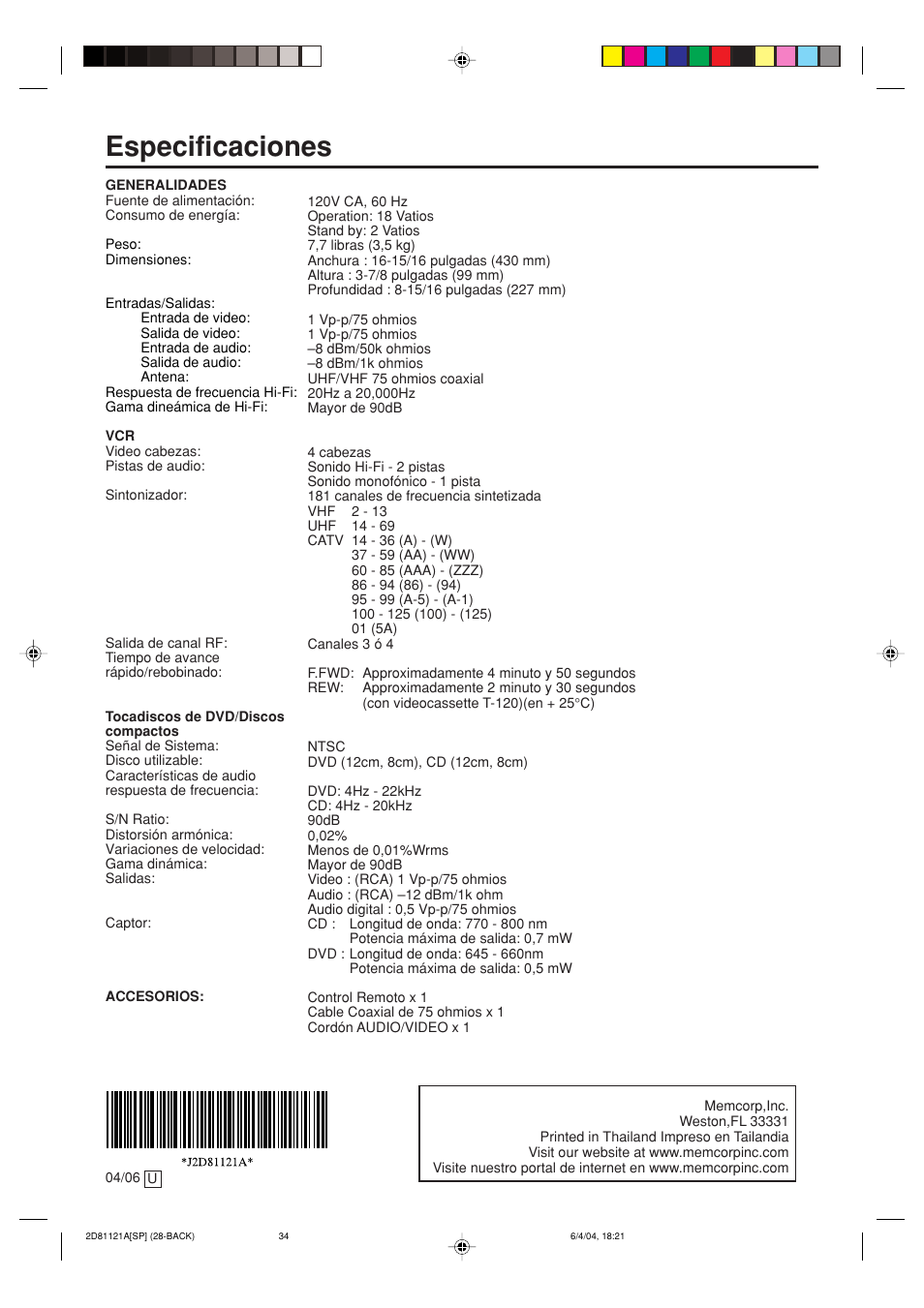 34 especificaciones | Memorex MVD4540C User Manual | Page 68 / 68