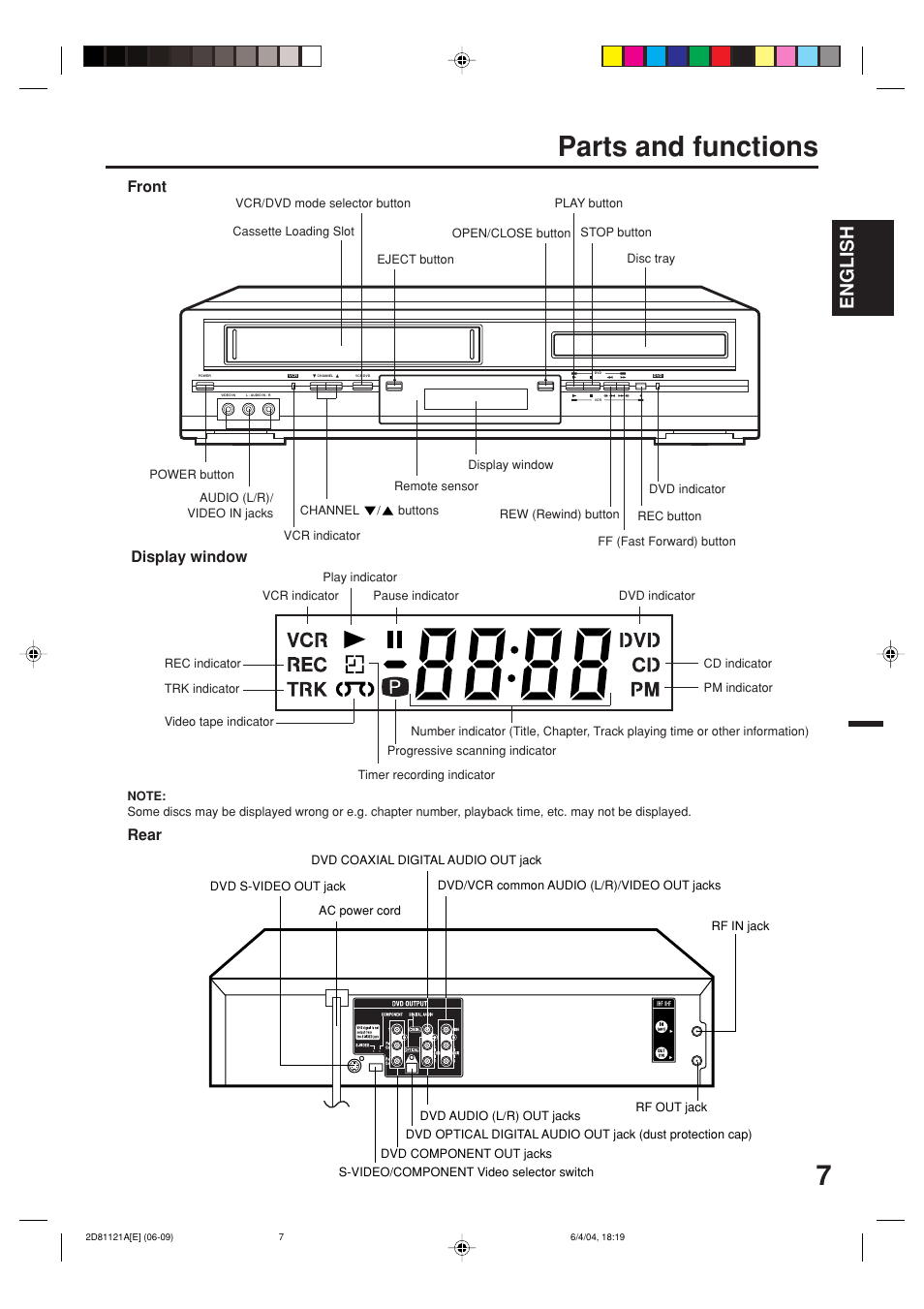 Parts and functions, English, Front display window rear | Memorex MVD4540C User Manual | Page 7 / 68