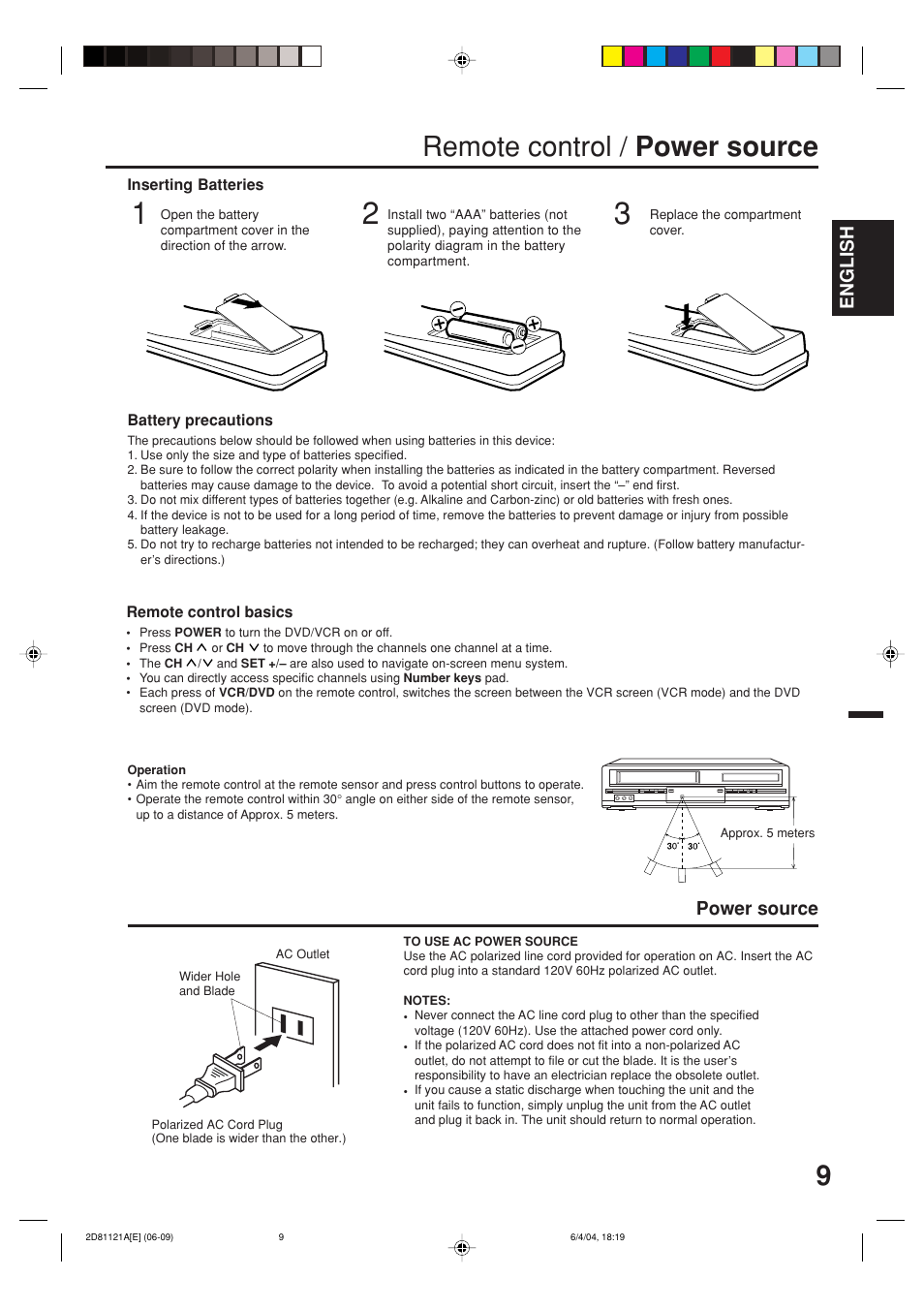 Remote control / power source, English, Power source | Memorex MVD4540C User Manual | Page 9 / 68