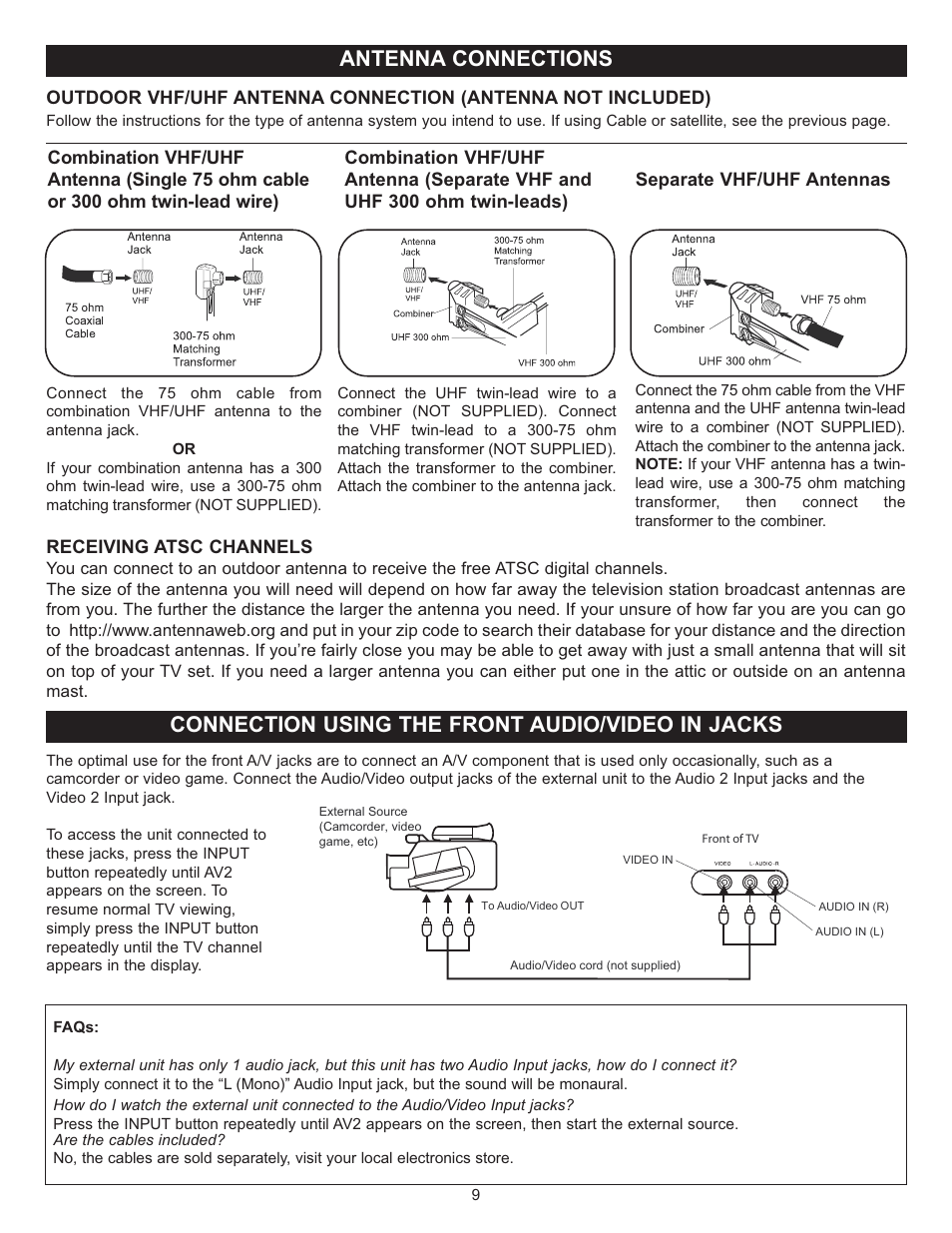 Antenna connections, Connection using the front audio/video in jacks | Memorex MT2028D-BLK User Manual | Page 10 / 82