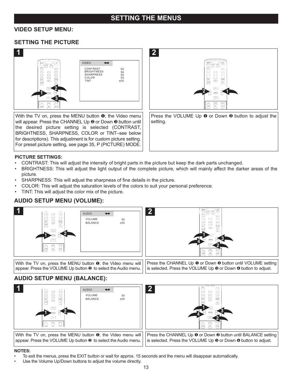 Setting the menus, Video setup menu, Audio setup menu (volume) | Setting the picture, Audio setup menu (balance) | Memorex MT2028D-BLK User Manual | Page 14 / 82