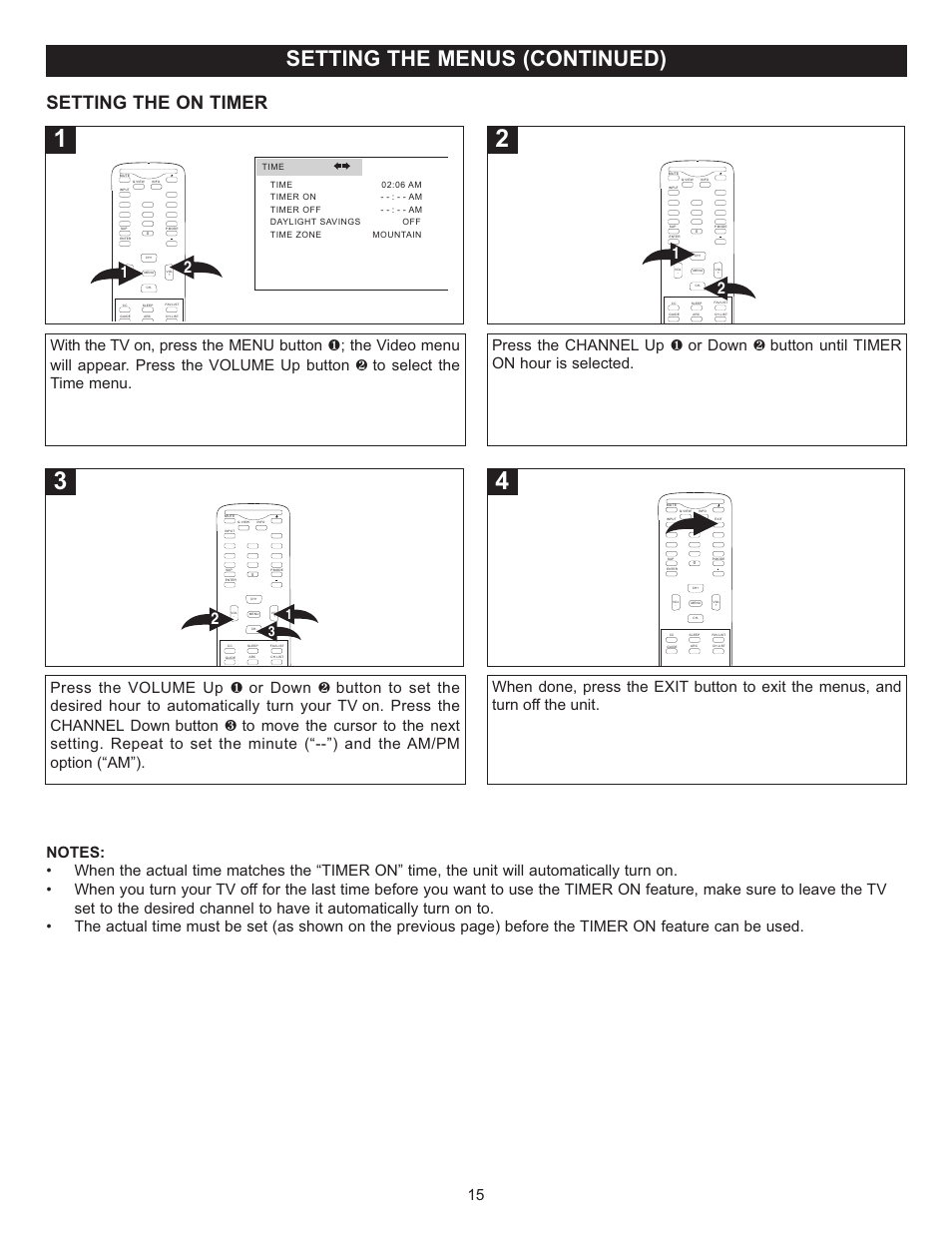 Setting the menus (continued), Setting the on timer | Memorex MT2028D-BLK User Manual | Page 16 / 82