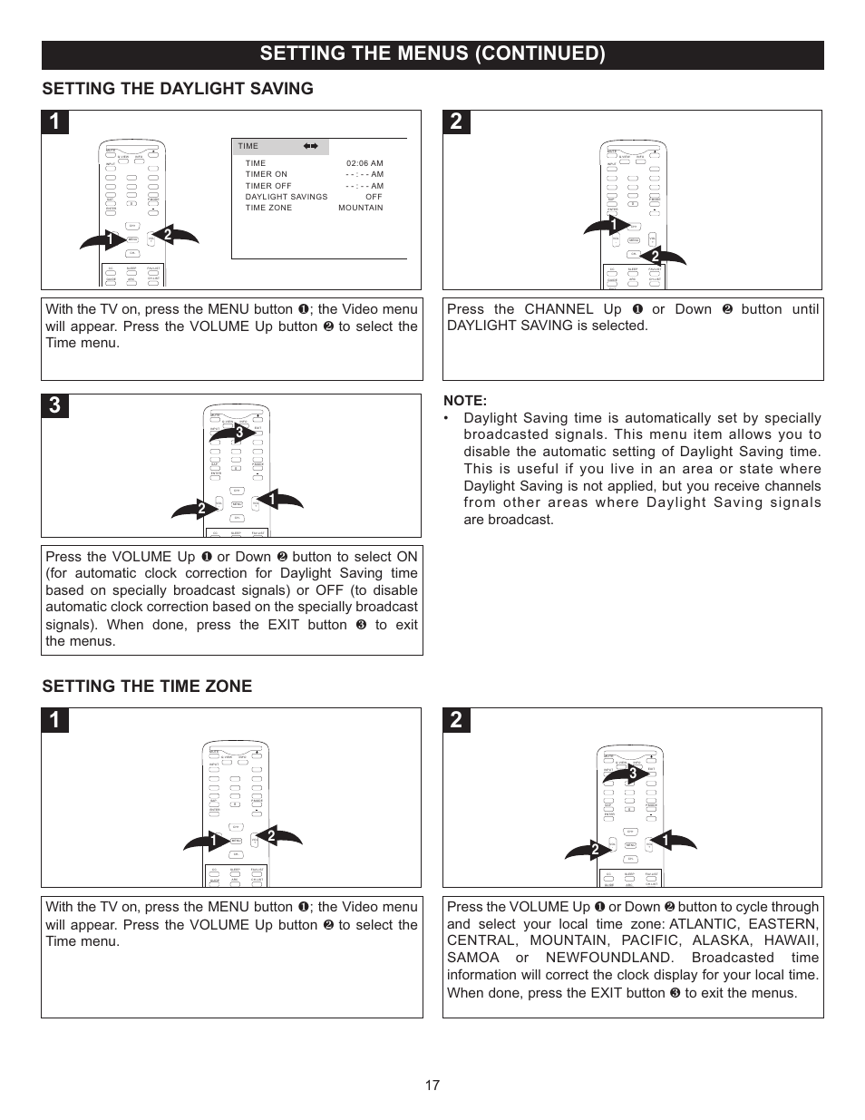 Setting the menus (continued), Setting the daylight saving, Setting the time zone | Memorex MT2028D-BLK User Manual | Page 18 / 82