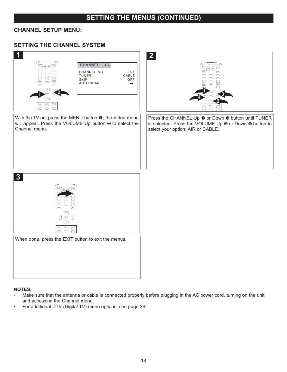 Setting the menus (continued), Setting the channel system channel setup menu, When done, press the exit button to exit the menus | Channel | Memorex MT2028D-BLK User Manual | Page 19 / 82