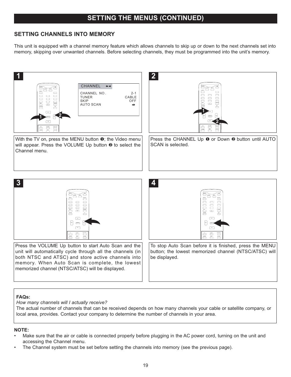 Setting the menus (continued), Channel | Memorex MT2028D-BLK User Manual | Page 20 / 82