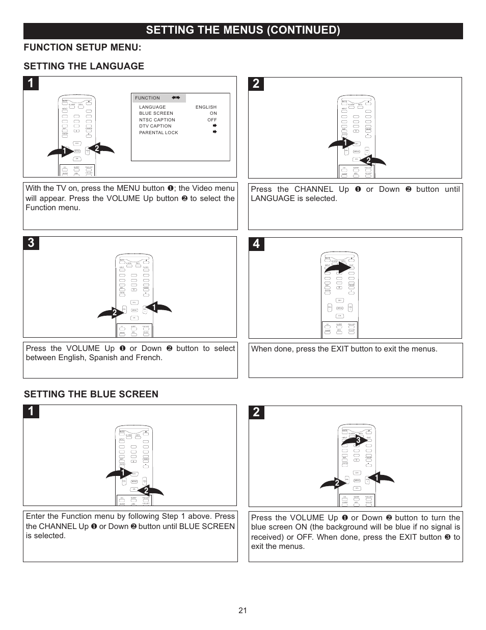 Setting the menus (continued), Setting the language, Setting the blue screen function setup menu | When done, press the exit button to exit the menus | Memorex MT2028D-BLK User Manual | Page 22 / 82