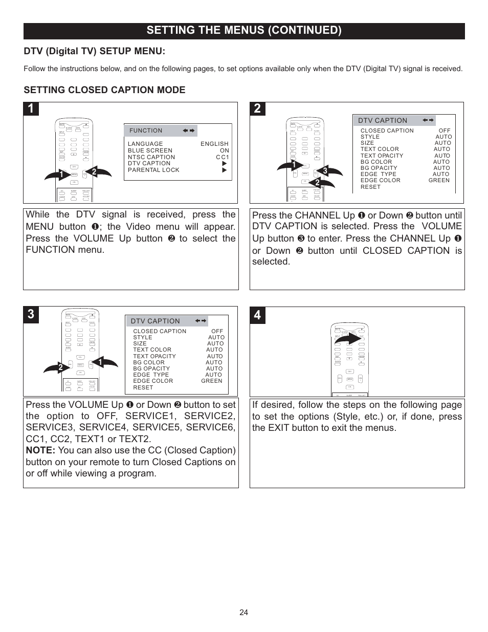 Setting the menus (continued), Dtv (digital tv) setup menu, Dtv caption | Memorex MT2028D-BLK User Manual | Page 25 / 82