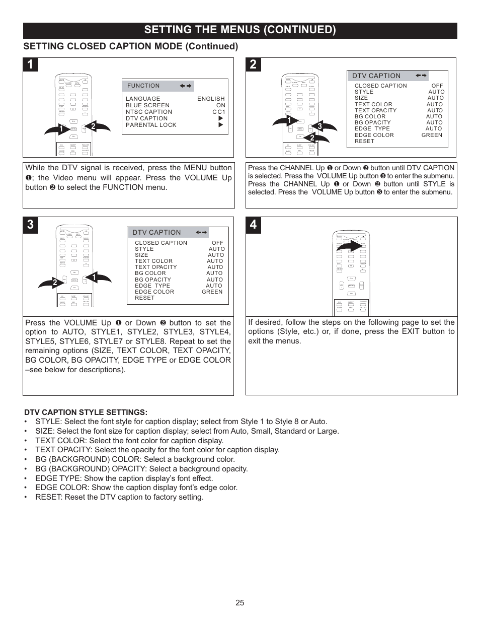Setting the menus (continued), Setting closed caption mode (continued), Dtv caption | Memorex MT2028D-BLK User Manual | Page 26 / 82