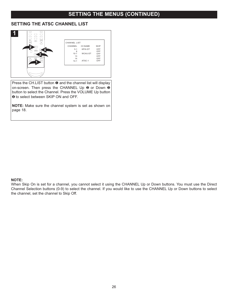 Setting the menus (continued), Setting the atsc channel list | Memorex MT2028D-BLK User Manual | Page 27 / 82