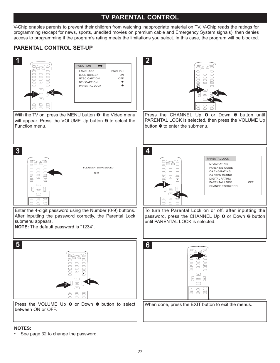 Tv parental control, Parental control set-up, When done, press the exit button to exit the menus | Memorex MT2028D-BLK User Manual | Page 28 / 82
