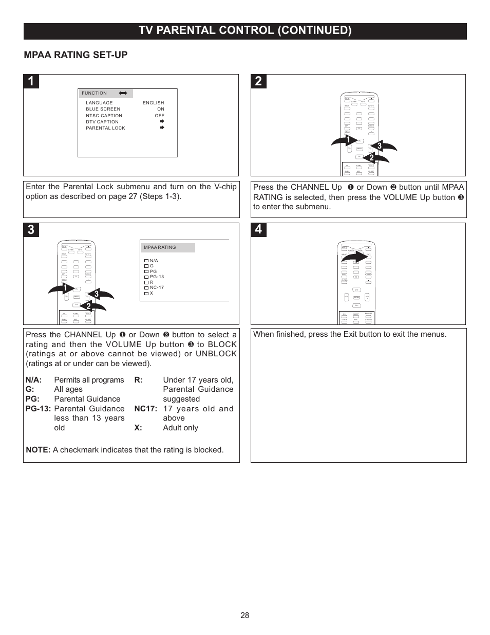 Tv parental control (continued), Mpaa rating set-up | Memorex MT2028D-BLK User Manual | Page 29 / 82