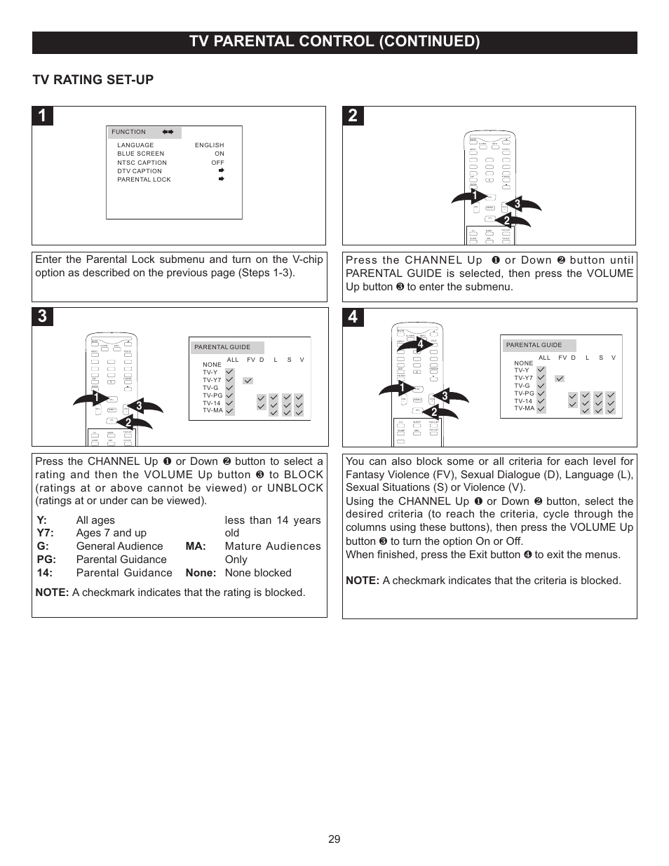 Tv parental control (continued), Tv rating set-up | Memorex MT2028D-BLK User Manual | Page 30 / 82