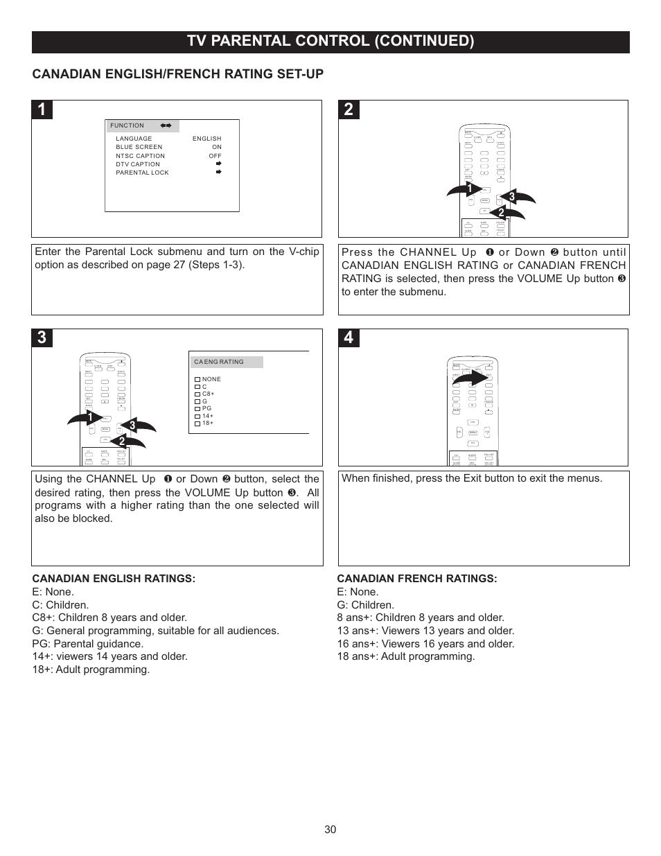 Tv parental control (continued), Canadian english/french rating set-up | Memorex MT2028D-BLK User Manual | Page 31 / 82