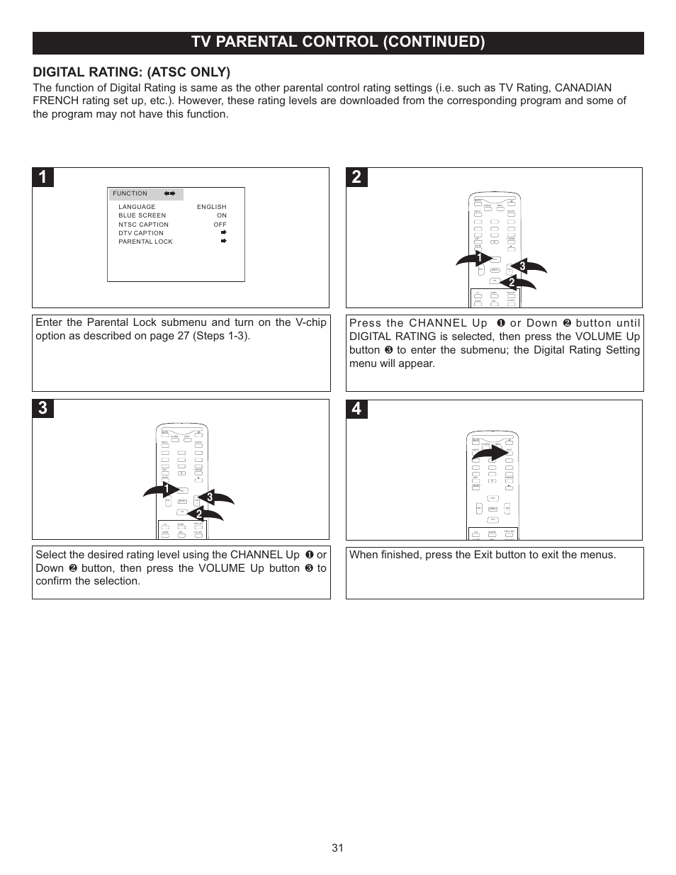Tv parental control (continued), Digital rating: (atsc only) | Memorex MT2028D-BLK User Manual | Page 32 / 82