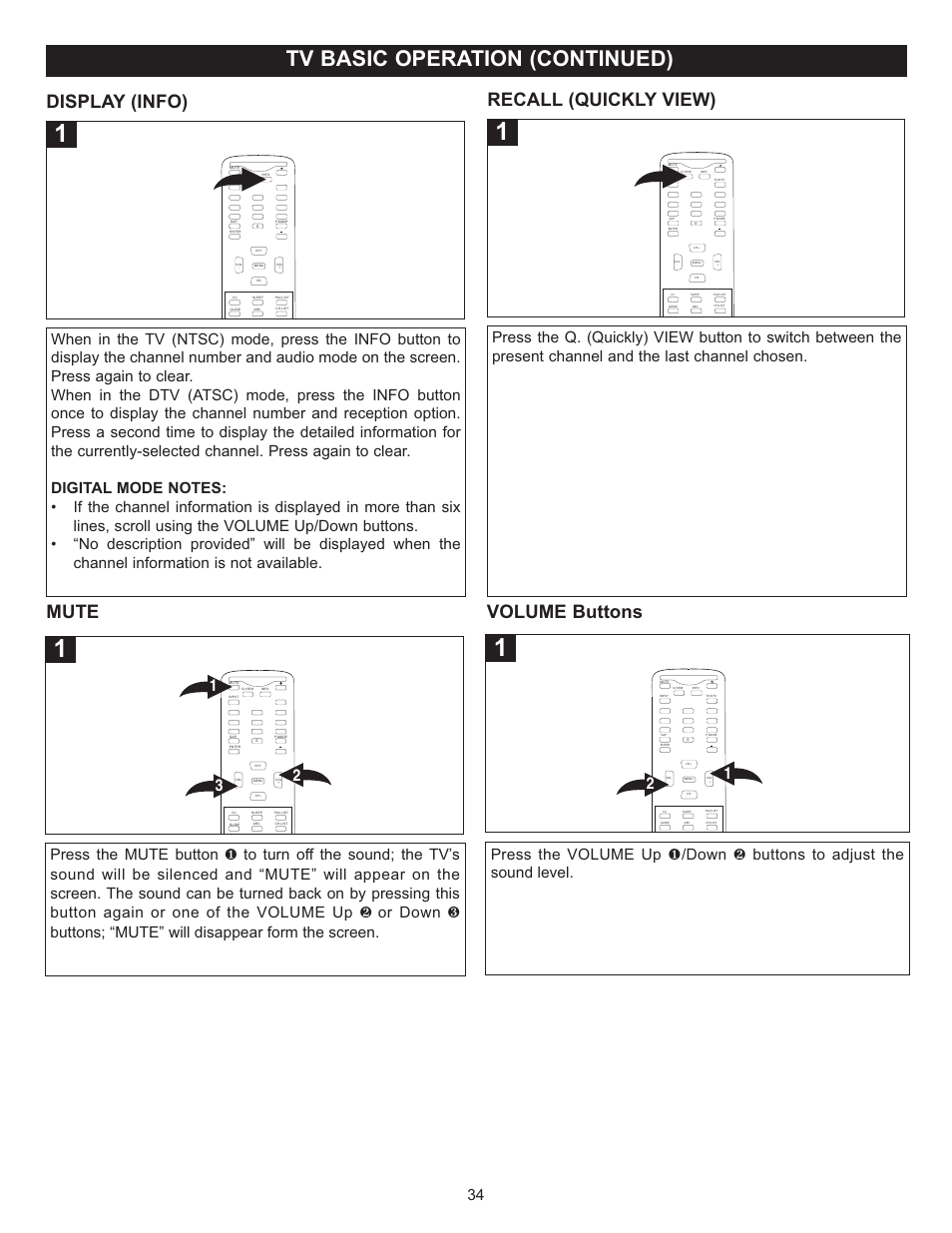 Tv basic operation (continued), Mute, Display (info) | Recall (quickly view), Volume buttons | Memorex MT2028D-BLK User Manual | Page 35 / 82