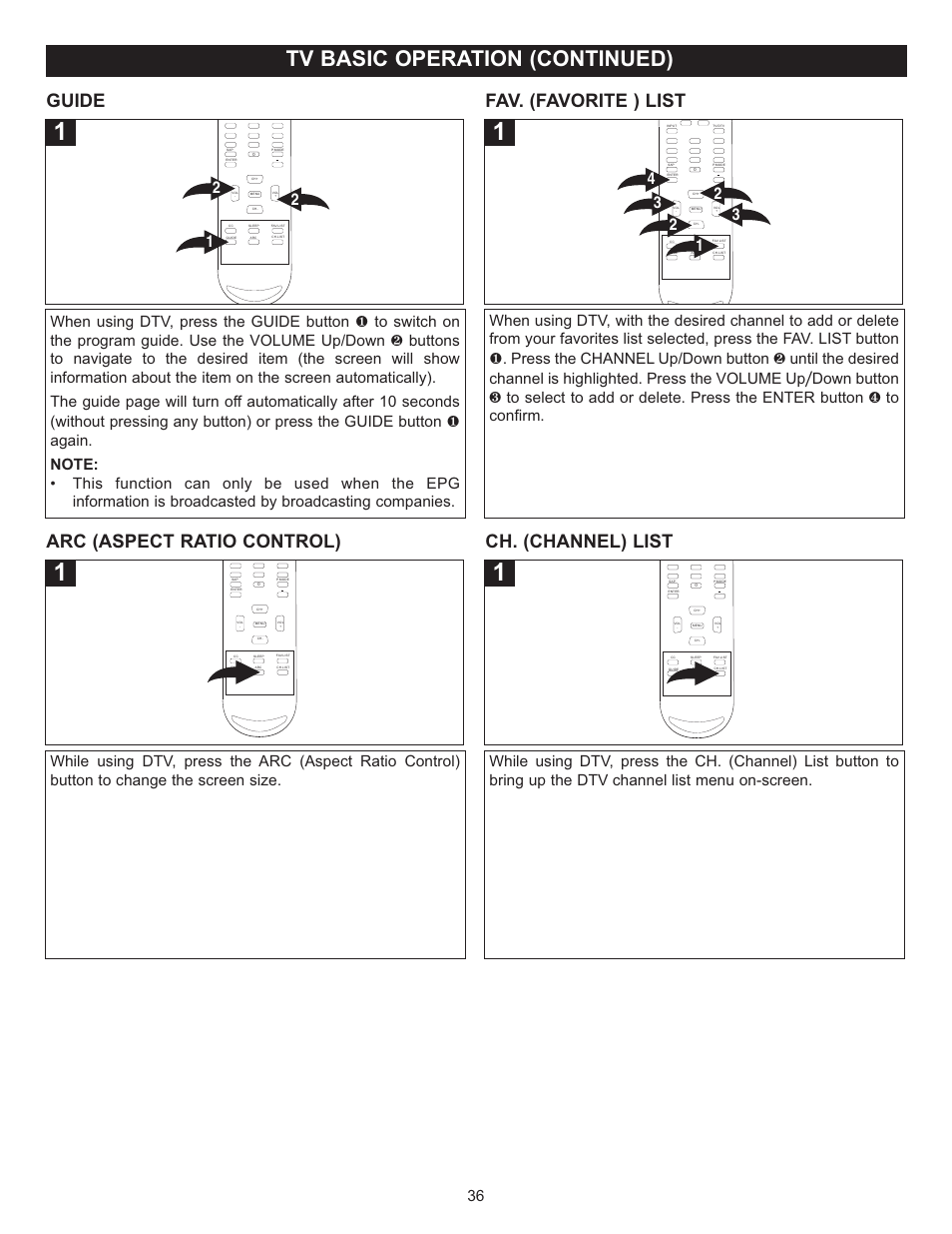 Tv basic operation (continued), Guide, Fav. (favorite ) list | Arc (aspect ratio control), Ch. (channel) list | Memorex MT2028D-BLK User Manual | Page 37 / 82