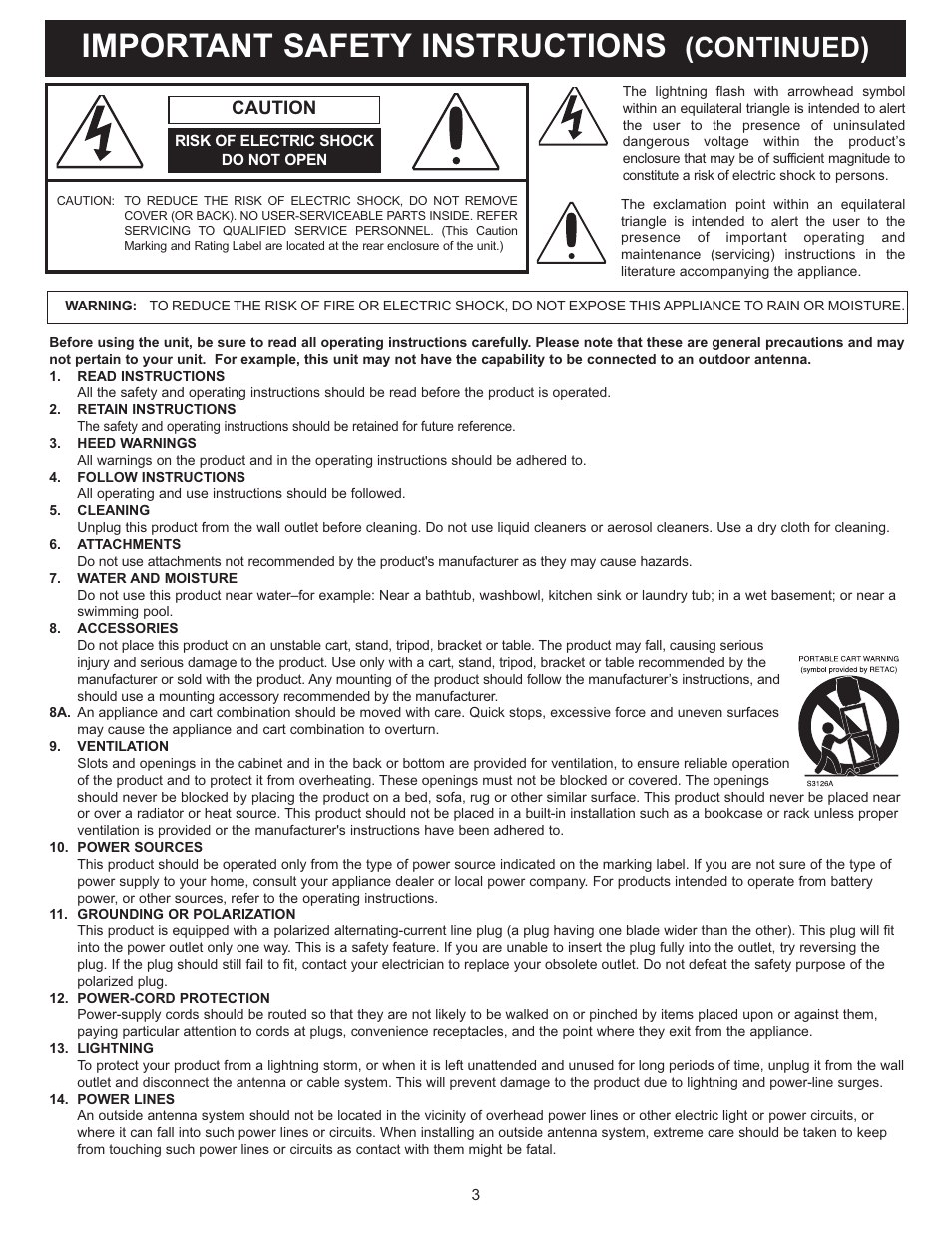 Important safety instructions, Continued), Caution | Memorex MT2028D-BLK User Manual | Page 4 / 82