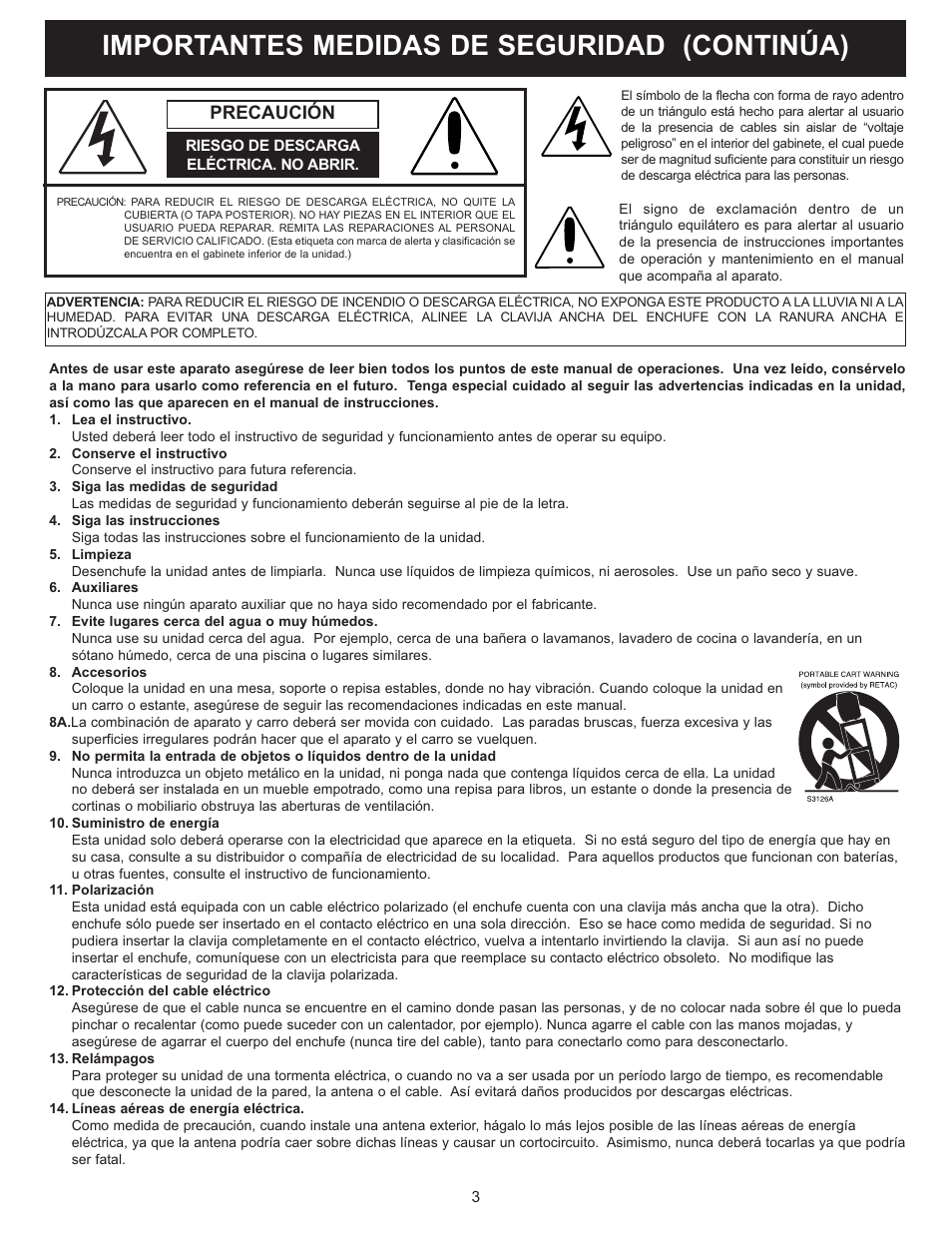 Importantes medidas de seguridad (continúa), Precaución | Memorex MT2028D-BLK User Manual | Page 45 / 82