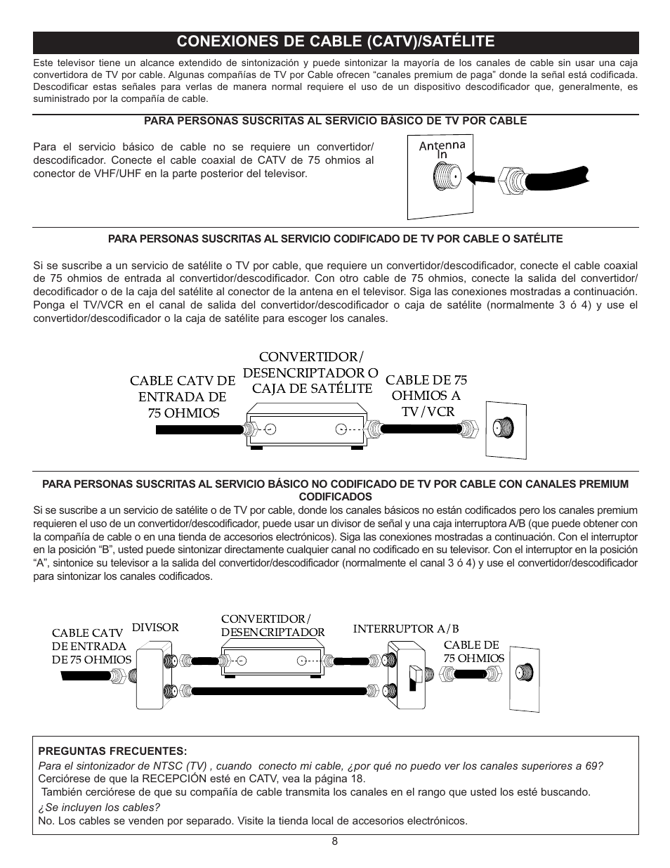 Conexiones de cable (catv)/satélite | Memorex MT2028D-BLK User Manual | Page 50 / 82