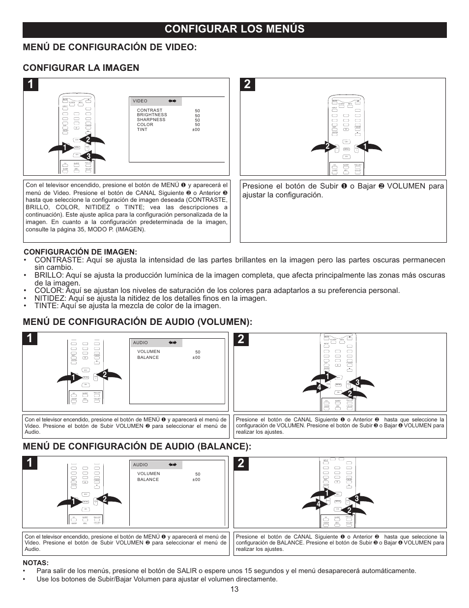 Configurar los menús, Menú de configuración de video, Menú de configuración de audio (volumen) | Configurar la imagen, Menú de configuración de audio (balance) | Memorex MT2028D-BLK User Manual | Page 55 / 82