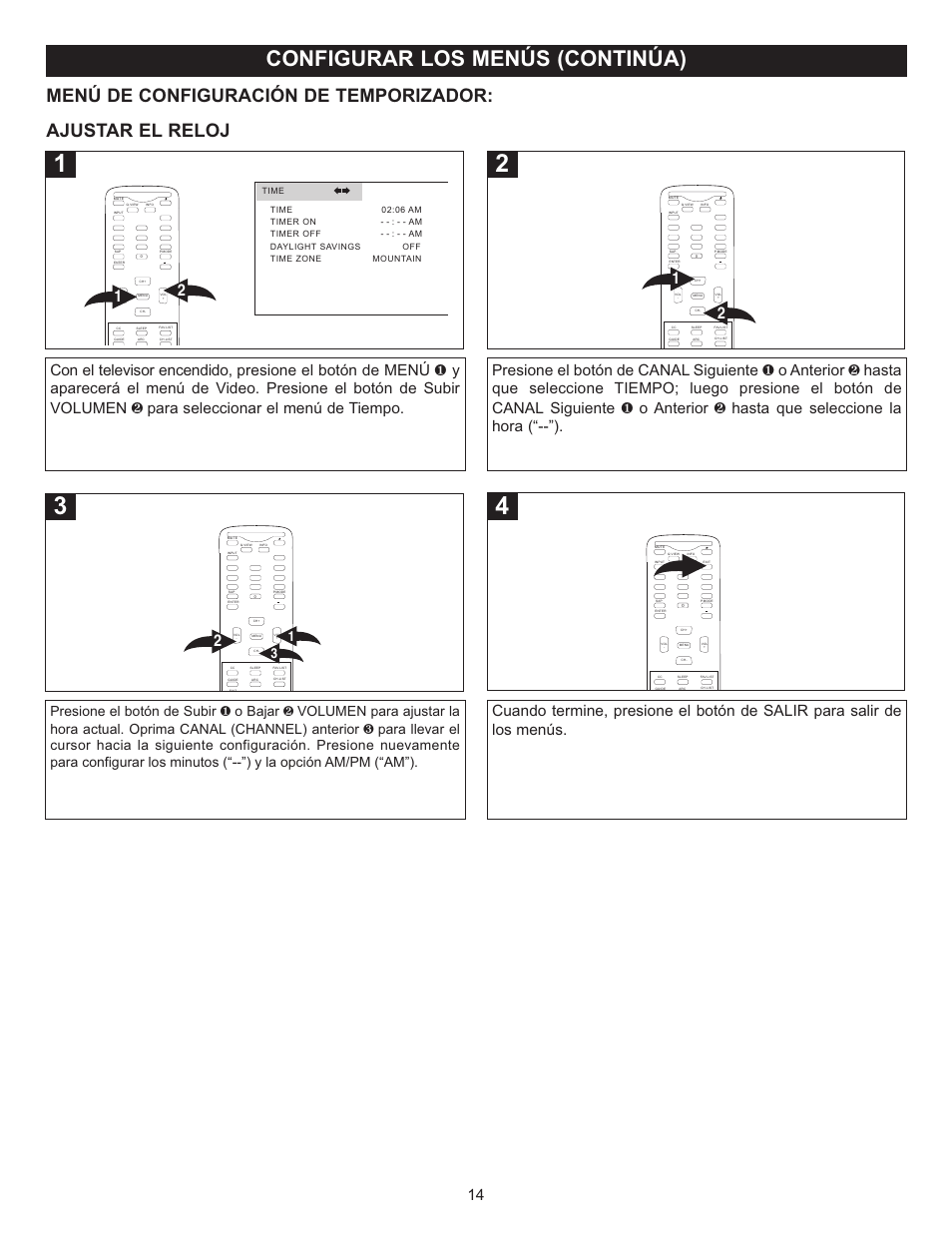 Configurar los menús (continúa), Menú de configuración de temporizador, Ajustar el reloj | Memorex MT2028D-BLK User Manual | Page 56 / 82
