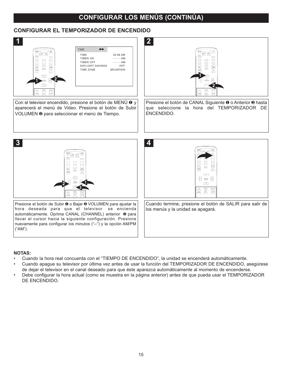 Configurar los menús (continúa), Configurar el temporizador de encendido | Memorex MT2028D-BLK User Manual | Page 57 / 82