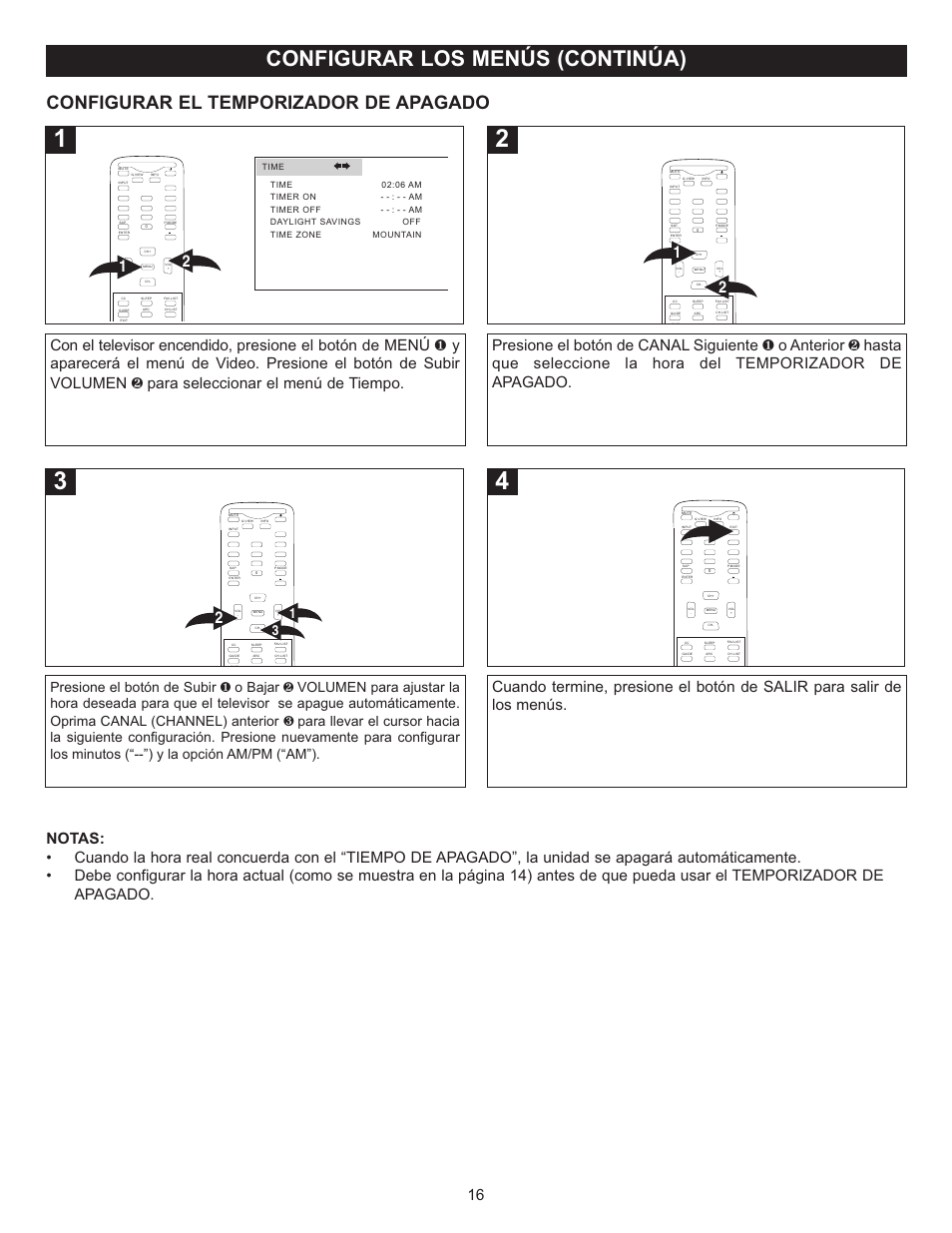 Configurar los menús (continúa), Configurar el temporizador de apagado | Memorex MT2028D-BLK User Manual | Page 58 / 82