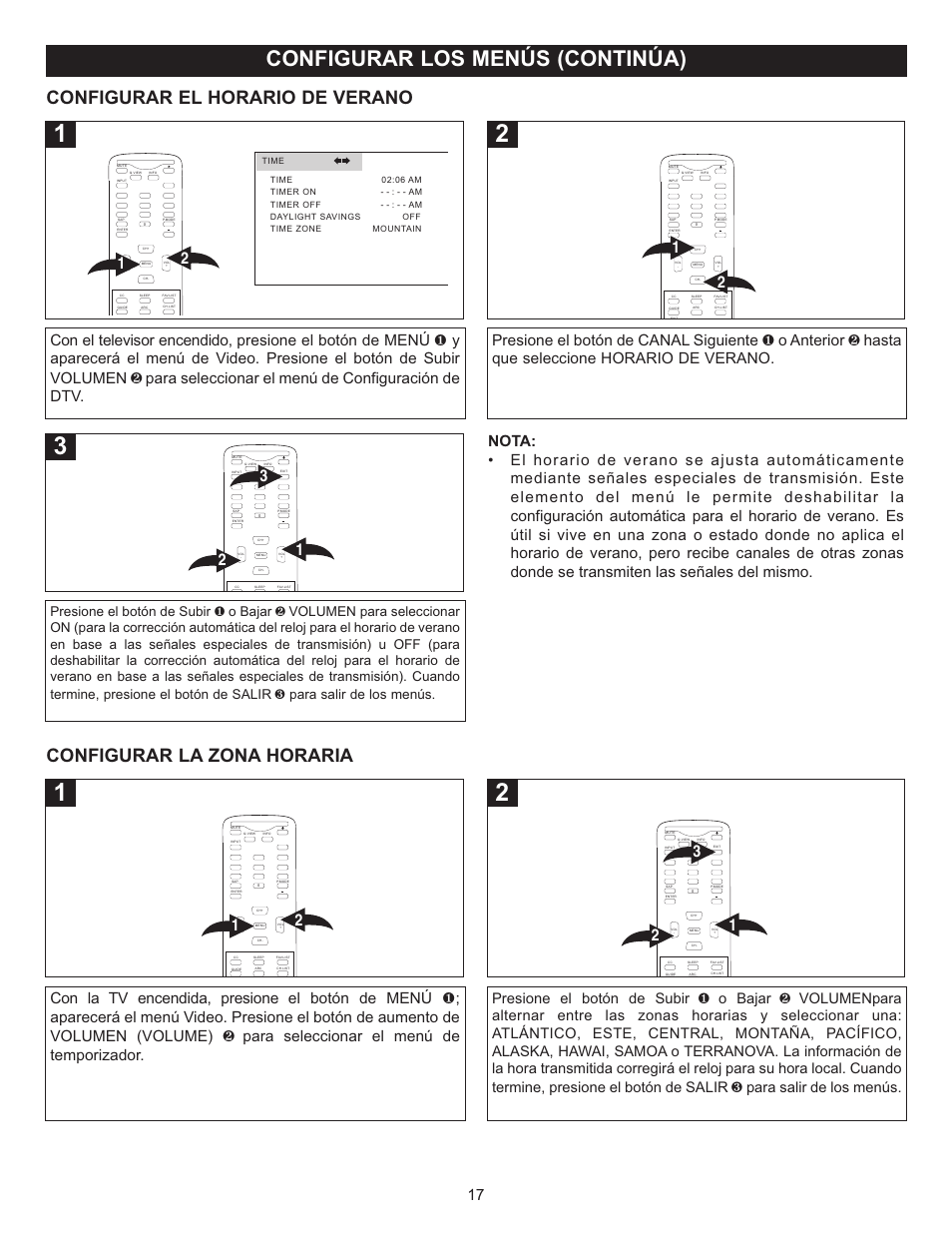 Configurar los menús (continúa), Configurar el horario de verano, Configurar la zona horaria | Memorex MT2028D-BLK User Manual | Page 59 / 82