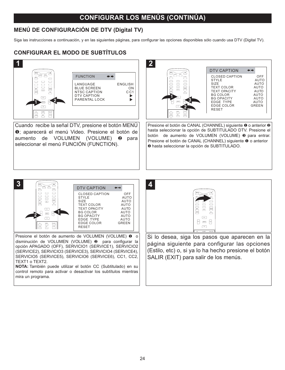 Configurar los menús (continúa), Configurar el modo de subtítulos, Menú de configuración de dtv (digital tv) | Dtv caption | Memorex MT2028D-BLK User Manual | Page 66 / 82