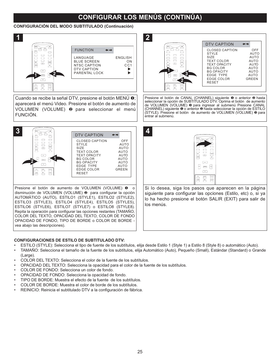 Configurar los menús (continúa), Dtv caption | Memorex MT2028D-BLK User Manual | Page 67 / 82