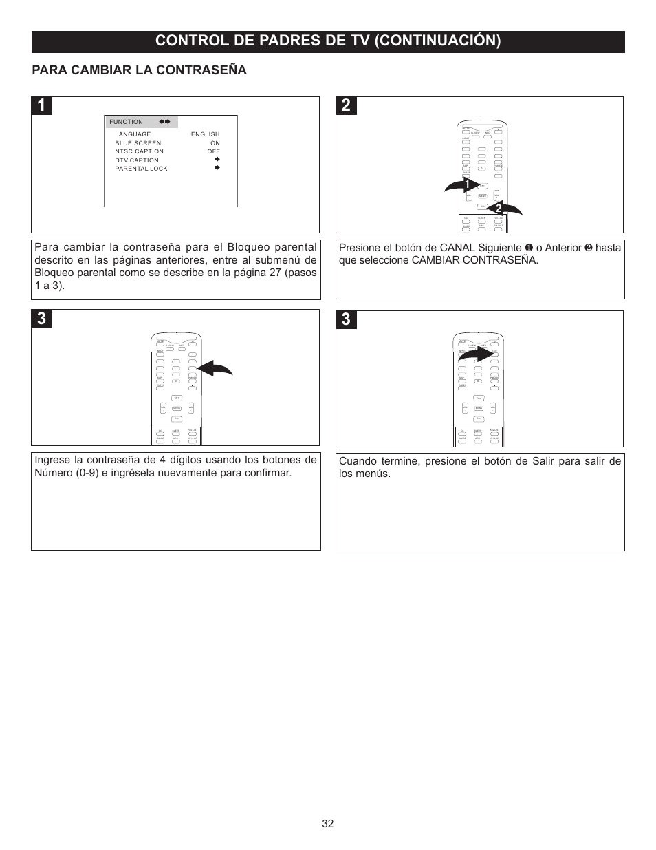 Control de padres de tv (continuación), Para cambiar la contraseña | Memorex MT2028D-BLK User Manual | Page 74 / 82