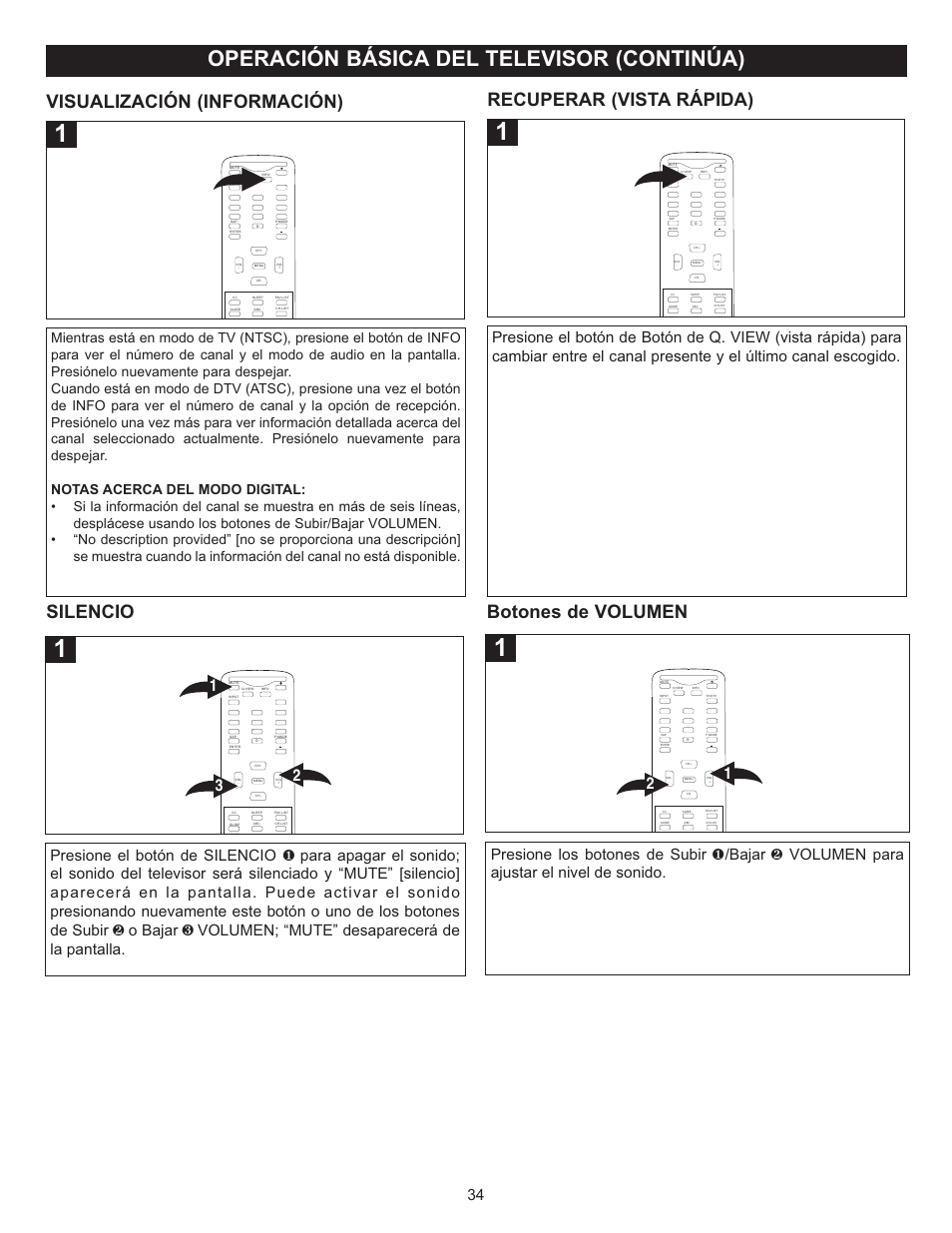Operación básica del televisor (continúa), Silencio, Visualización (información) | Recuperar (vista rápida), Botones de volumen | Memorex MT2028D-BLK User Manual | Page 76 / 82