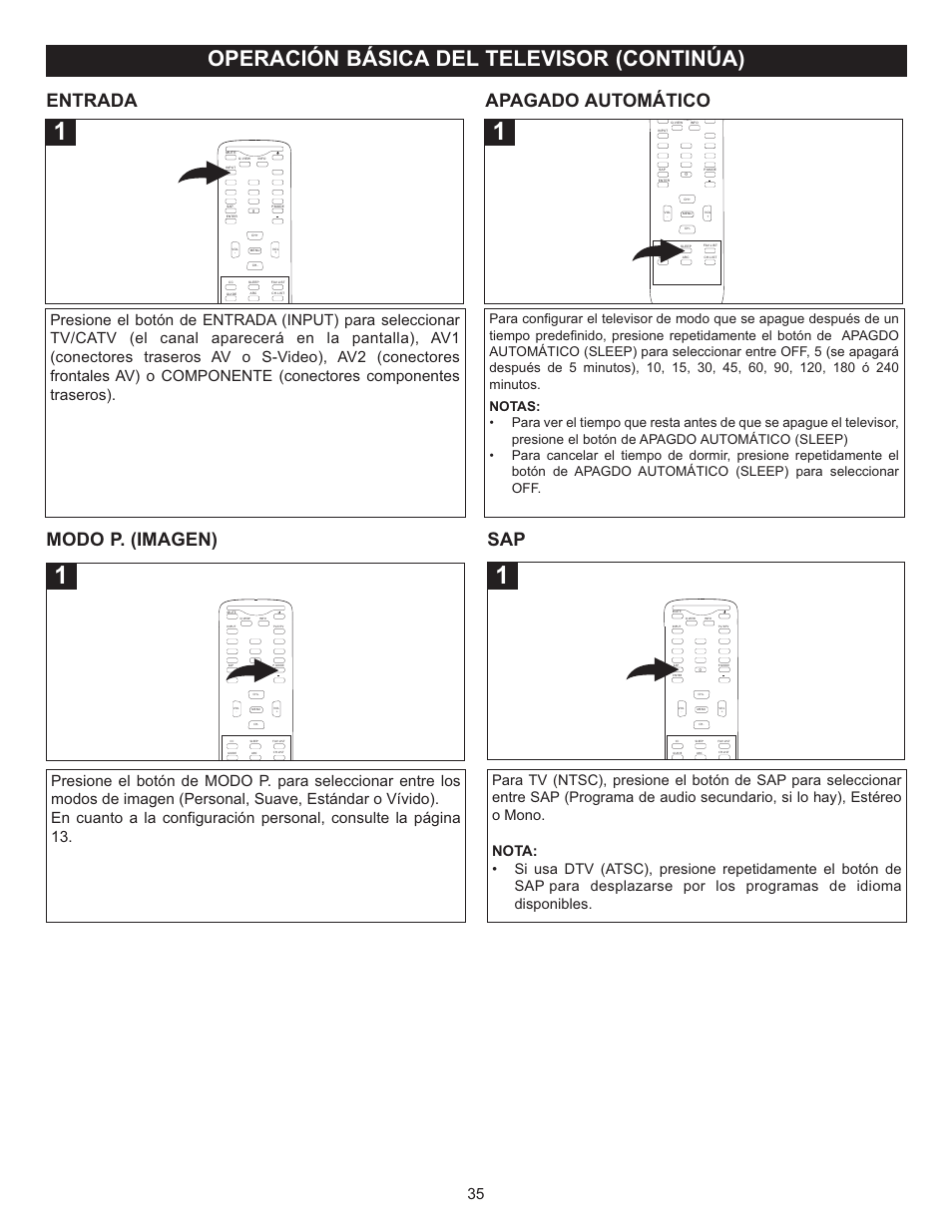 Operación básica del televisor (continúa), Entrada, Apagado automático | Modo p. (imagen) | Memorex MT2028D-BLK User Manual | Page 77 / 82