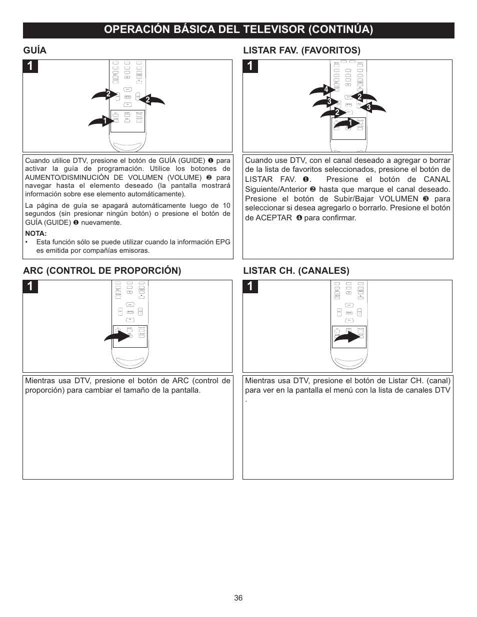 Operación básica del televisor (continúa), Guía, Listar fav. (favoritos) | Arc (control de proporción), Listar ch. (canales) | Memorex MT2028D-BLK User Manual | Page 78 / 82