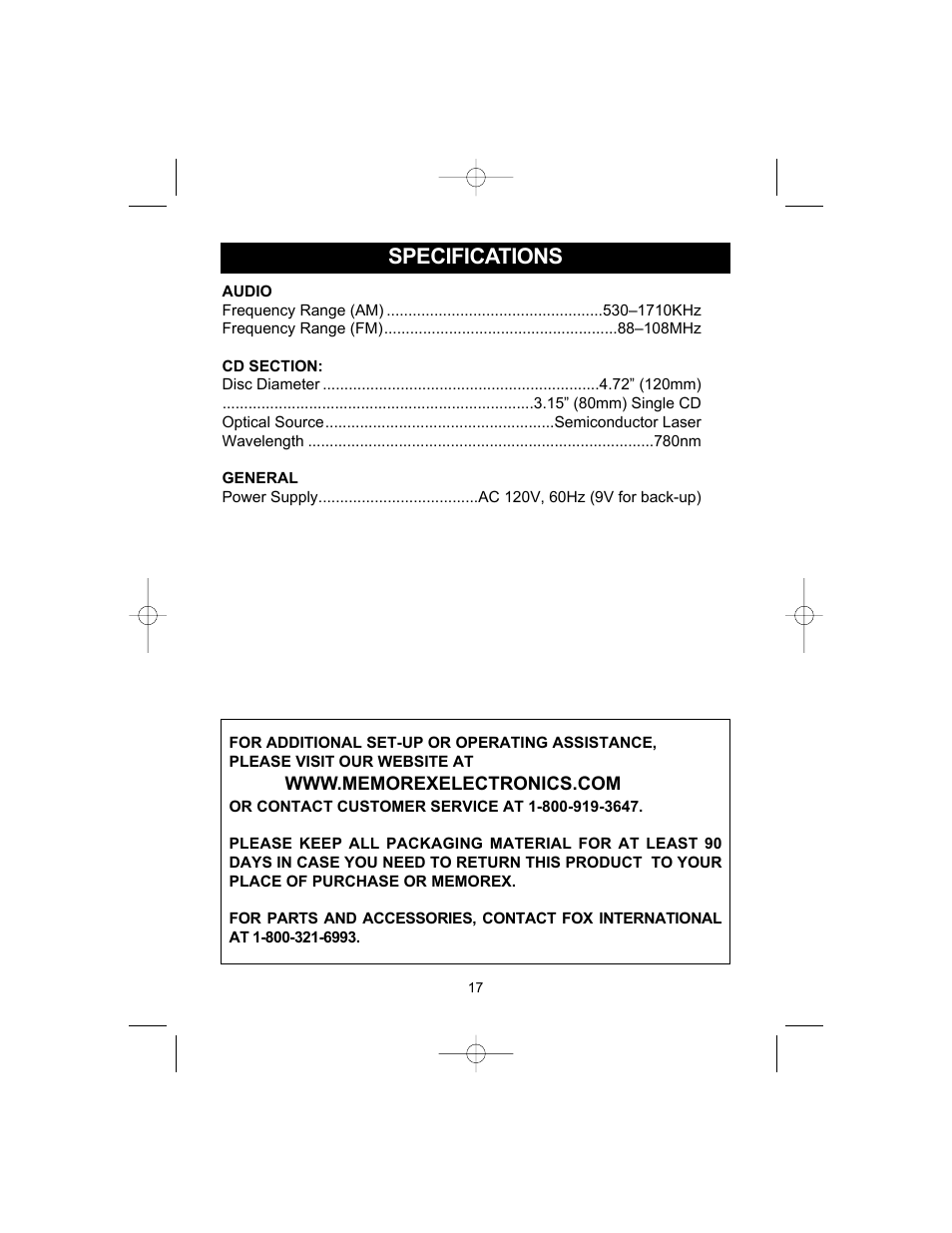 Specifications | Memorex MC2842 User Manual | Page 18 / 19