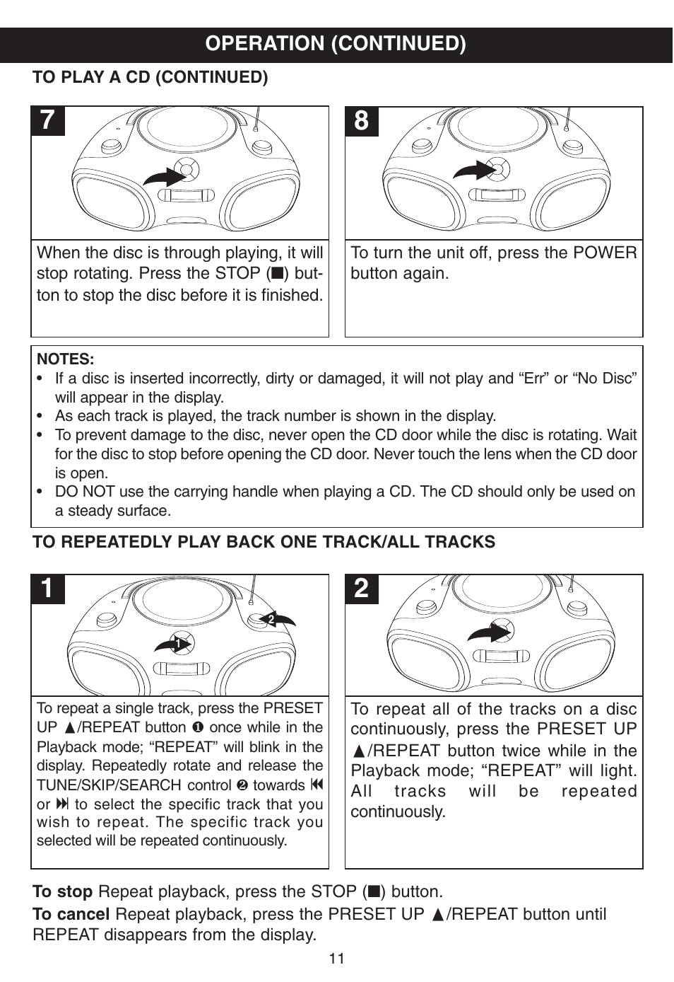 Operation (continued) | Memorex MP8805 User Manual | Page 12 / 19