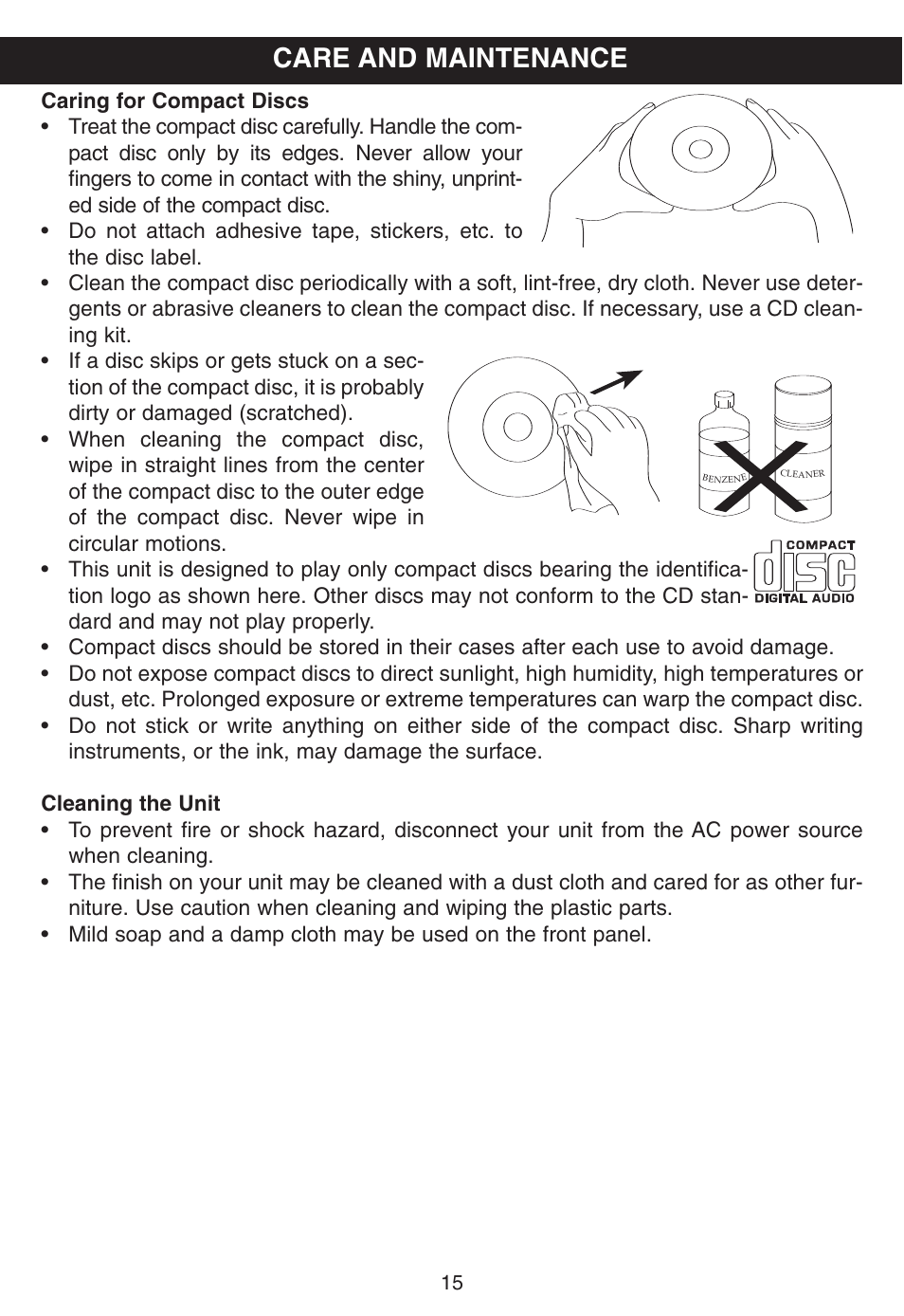 Care and maintenance | Memorex MP8805 User Manual | Page 16 / 19