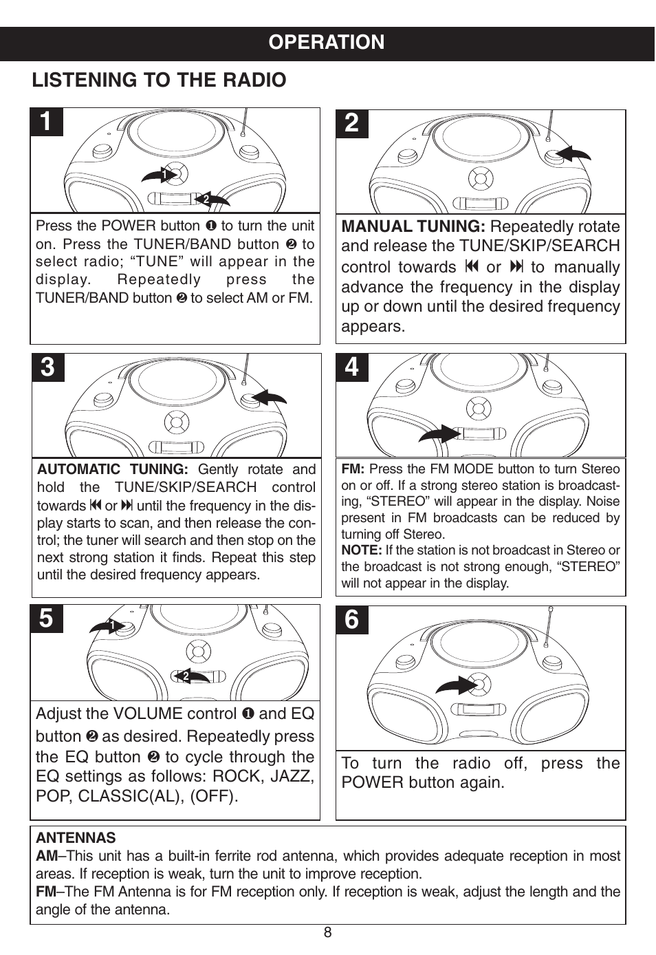 Operation, Listening to the radio | Memorex MP8805 User Manual | Page 9 / 19