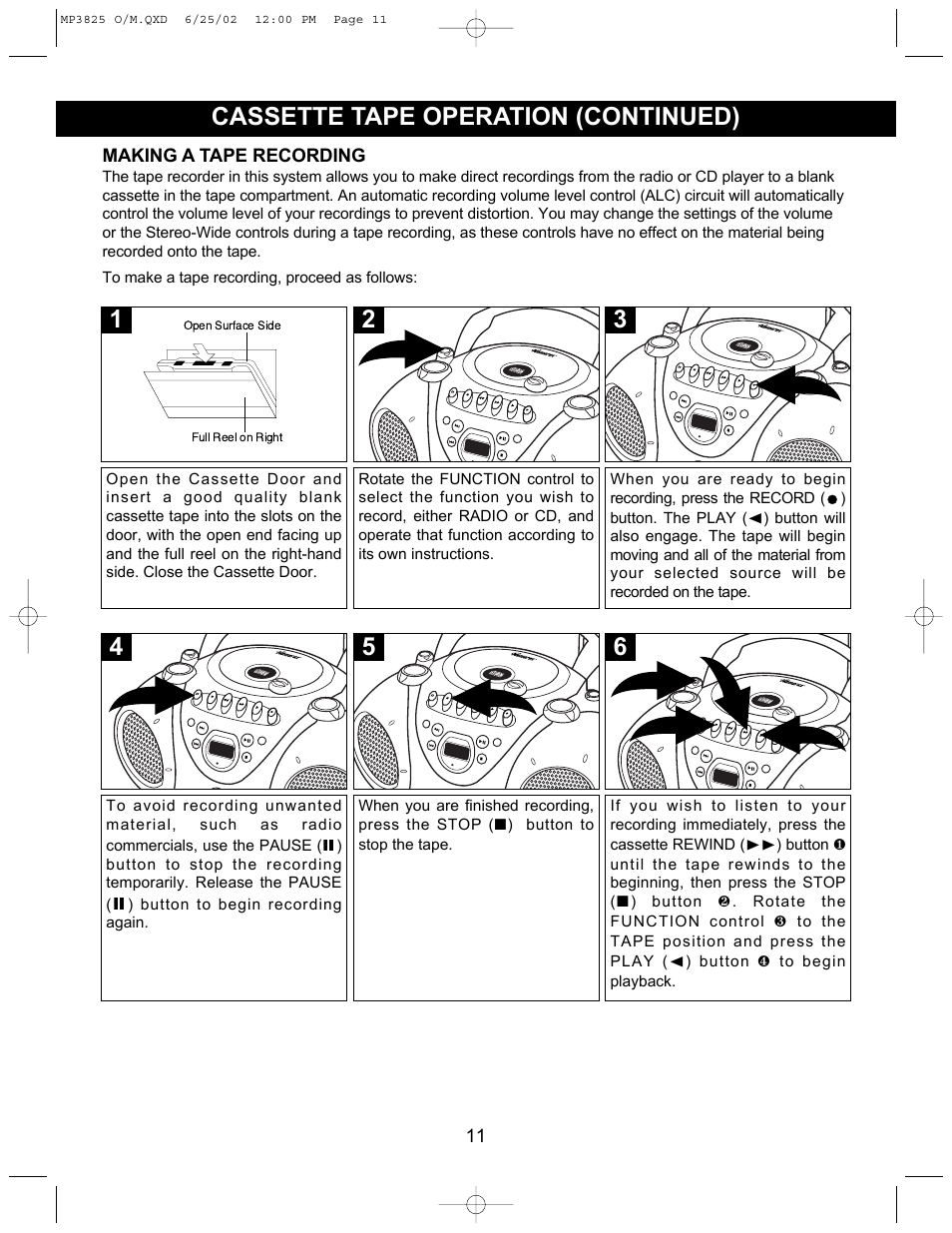 5cassette tape operation (continued) | Memorex MP3825 User Manual | Page 12 / 17