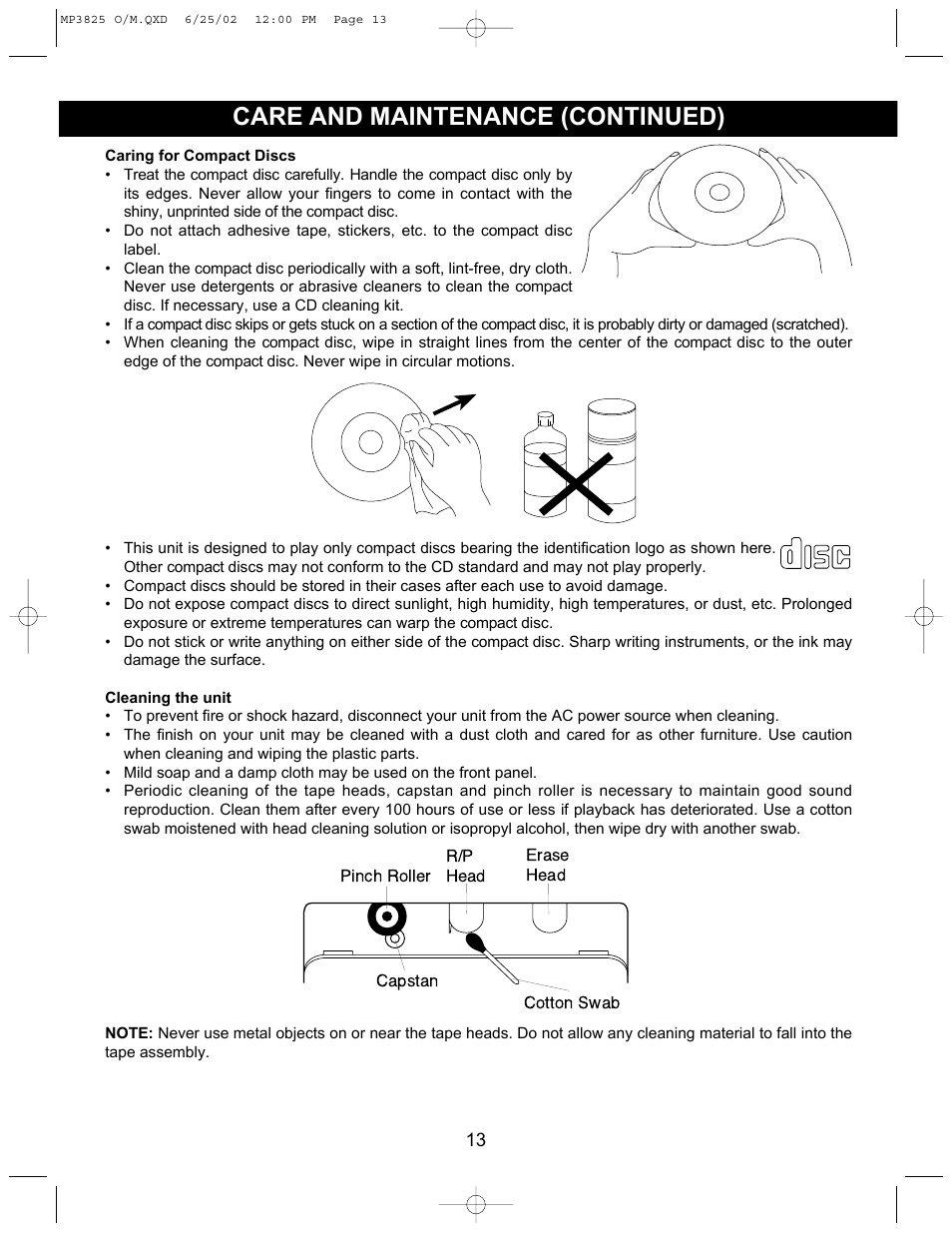 Care and maintenance (continued) | Memorex MP3825 User Manual | Page 14 / 17