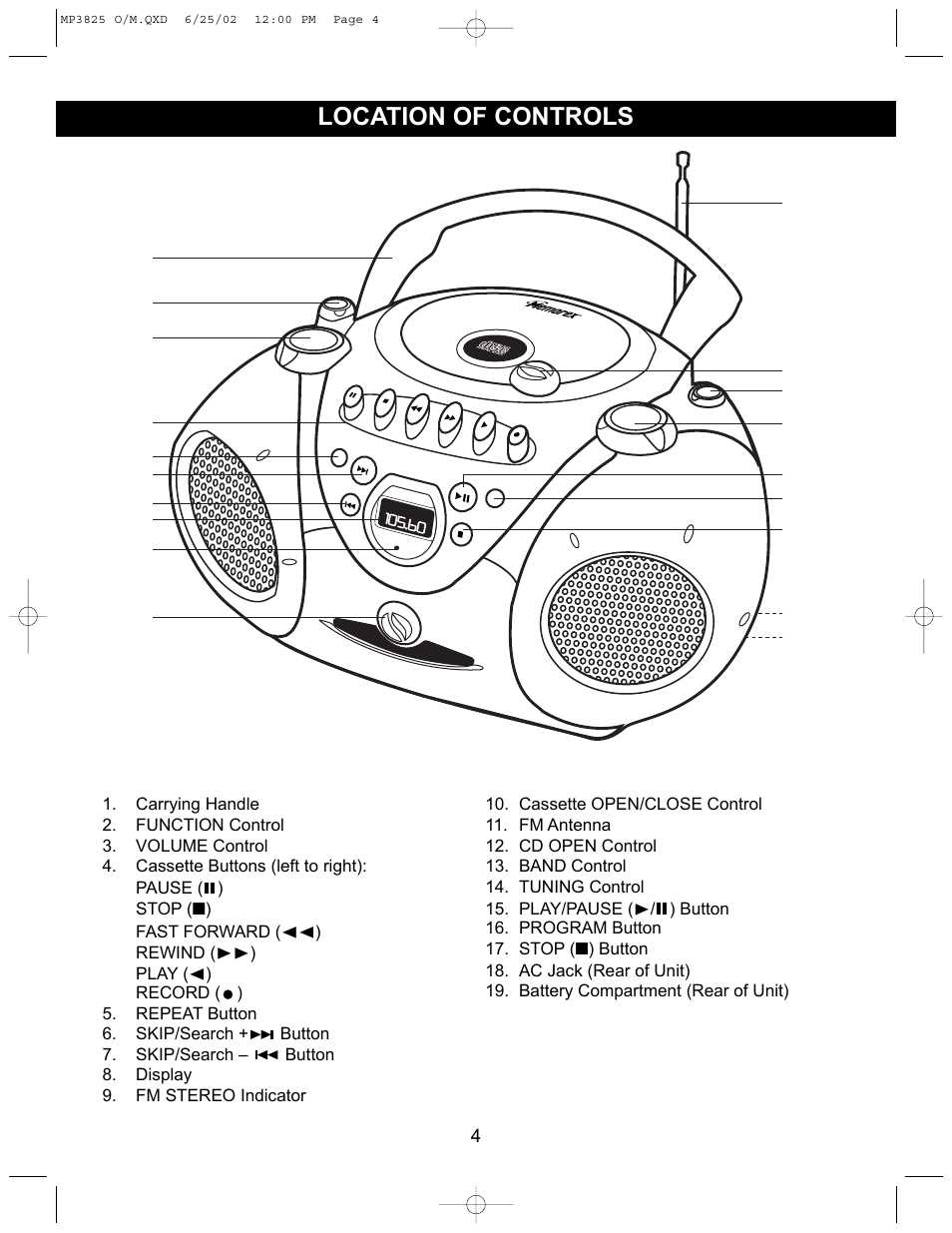 Location of controls | Memorex MP3825 User Manual | Page 5 / 17