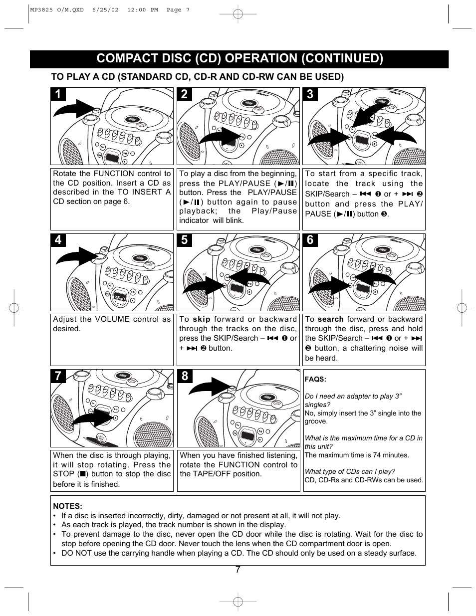 Compact disc (cd) operation (continued) | Memorex MP3825 User Manual | Page 8 / 17