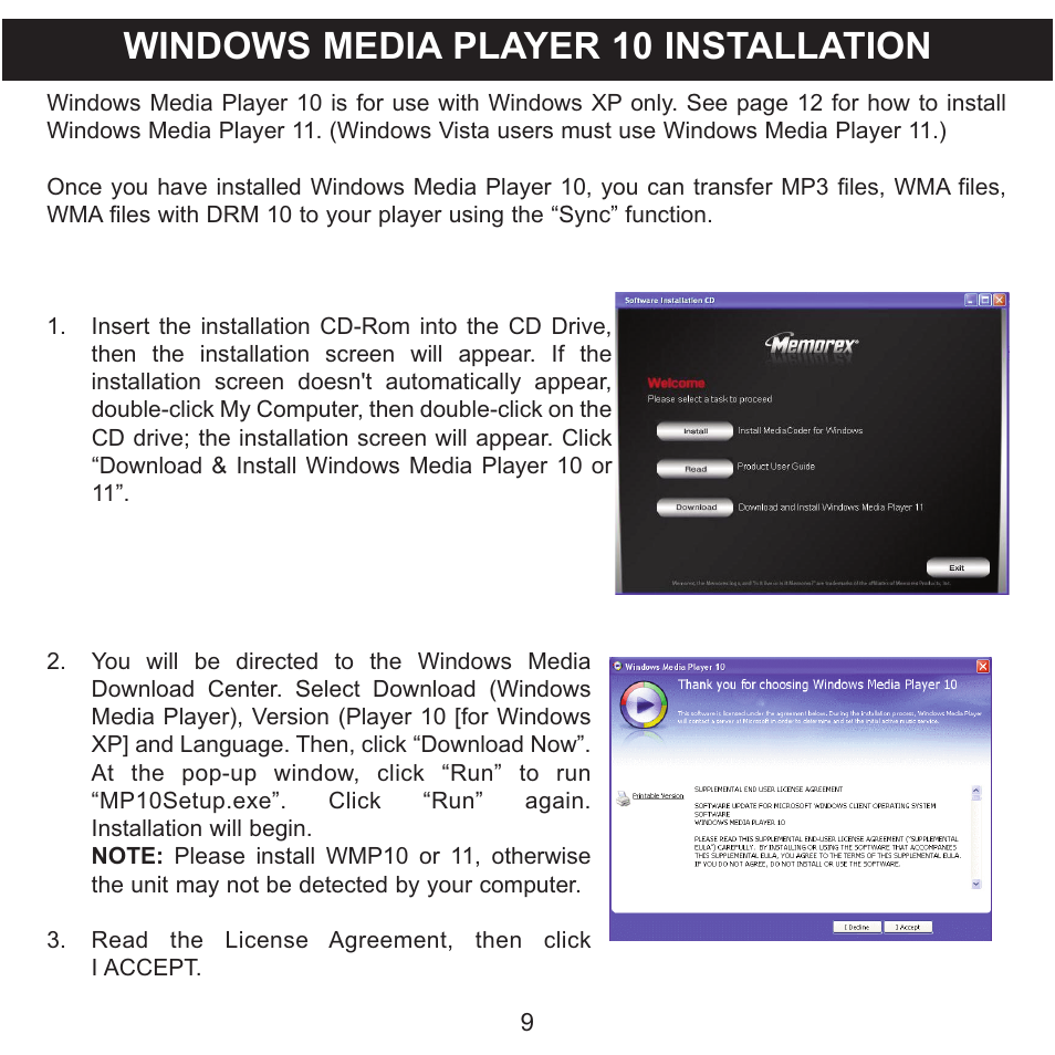 Windows media player 10 installation | Memorex MMP9008 User Manual | Page 10 / 142