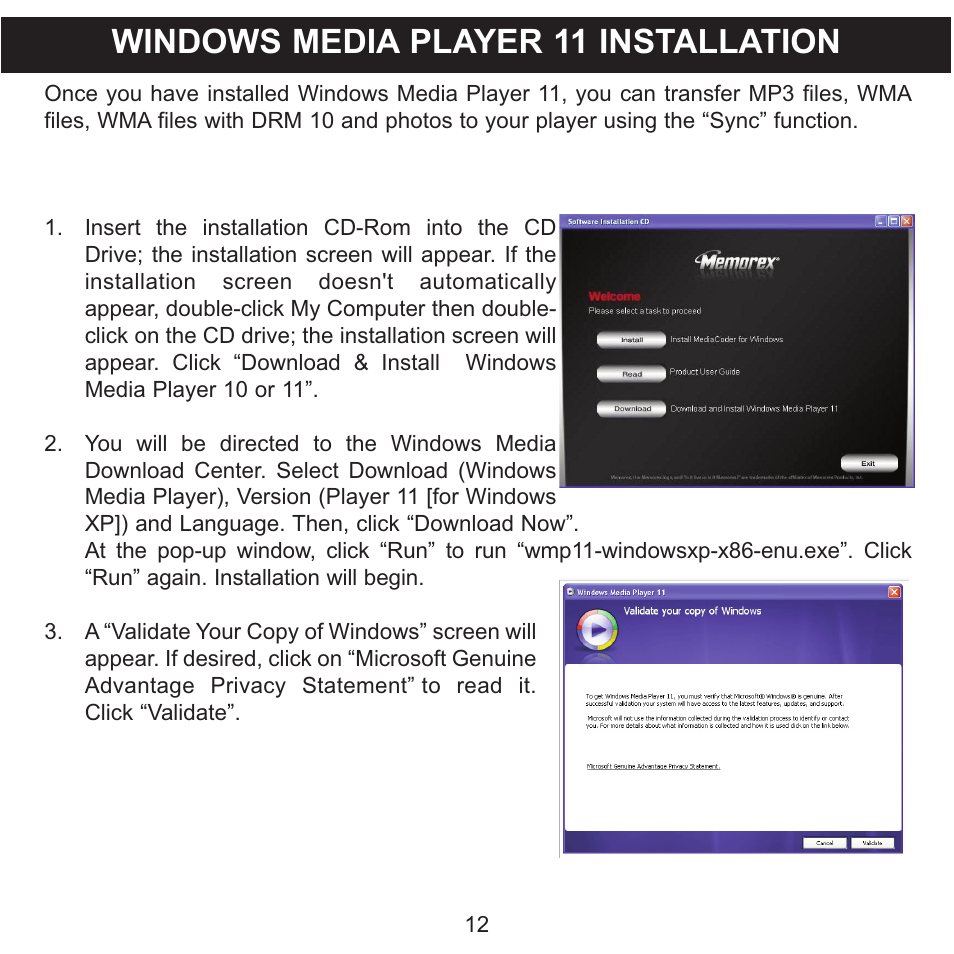 Windows media player 11 installation | Memorex MMP9008 User Manual | Page 13 / 142