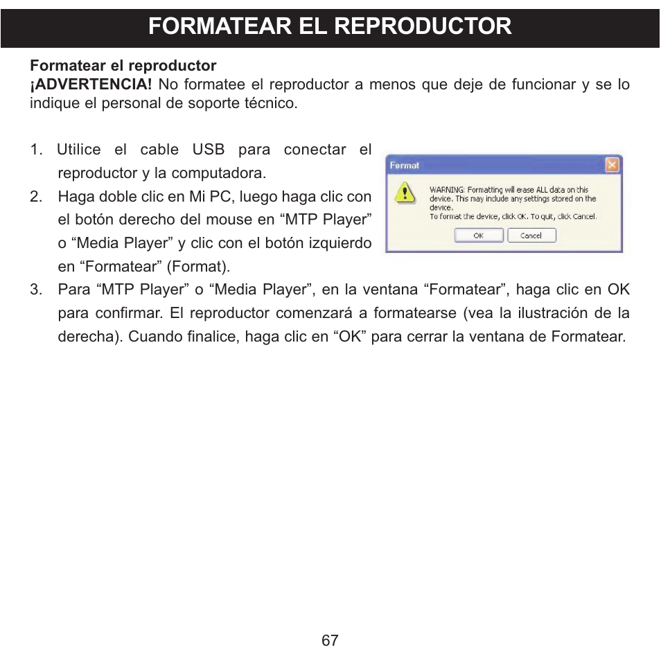 Formatear el reproductor | Memorex MMP9008 User Manual | Page 138 / 142