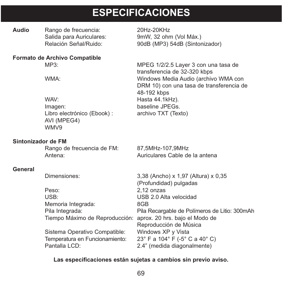 Especificaciones | Memorex MMP9008 User Manual | Page 140 / 142