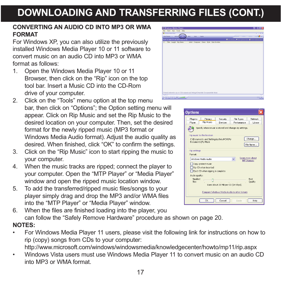 Downloading and transferring files (cont.) | Memorex MMP9008 User Manual | Page 18 / 142