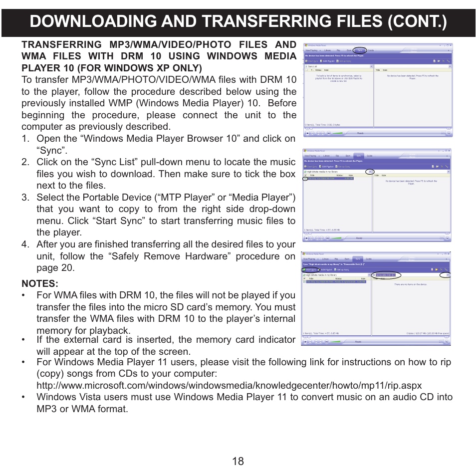 Downloading and transferring files (cont.) | Memorex MMP9008 User Manual | Page 19 / 142
