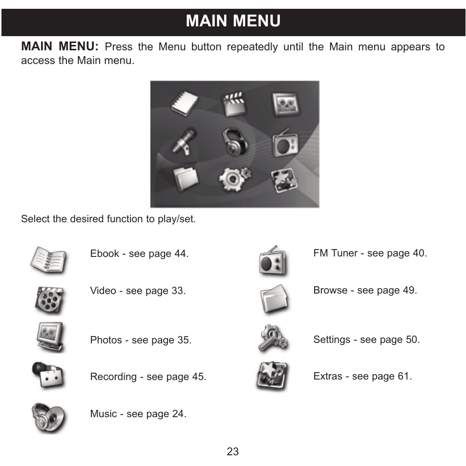 Main menu | Memorex MMP9008 User Manual | Page 24 / 142